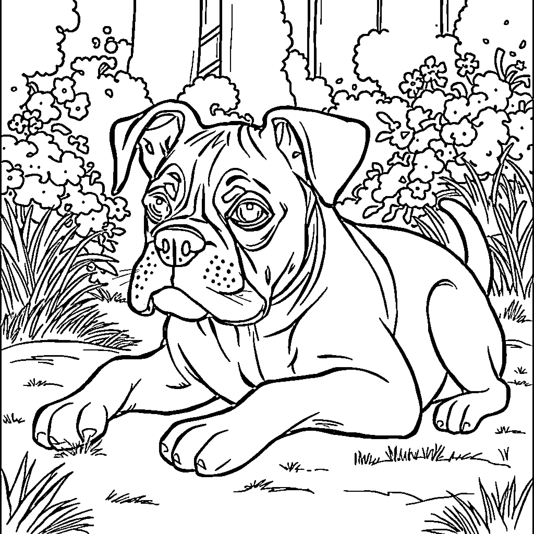 Boxer dog resting in nature Coloring Page (free black-and-white line drawing printable PDF for all, from beginners to advanced learners, including children, teens, adults, and seniors)