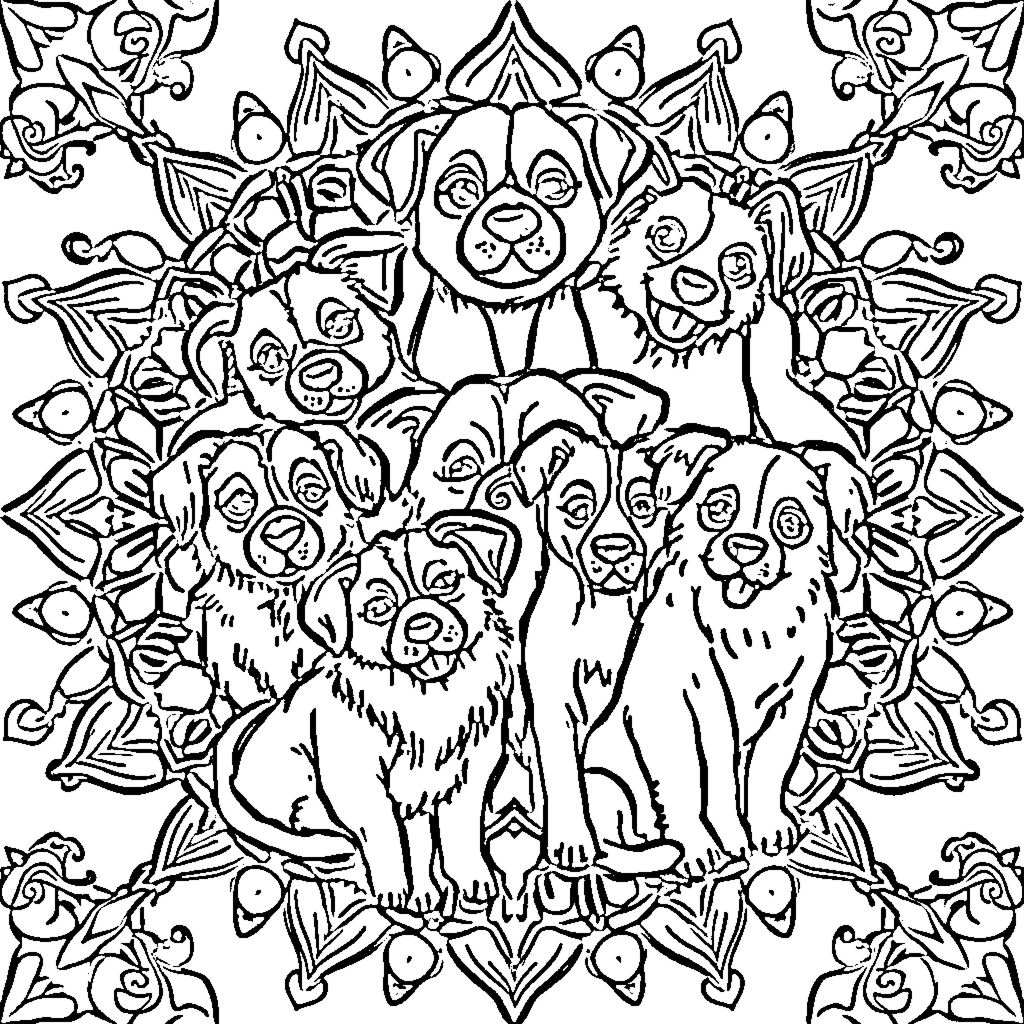 Dog Mandalas with Ornate Patterns Coloring Page (free black-and-white line drawing printable PDF for all, from beginners to advanced learners, including children, teens, adults, and seniors)