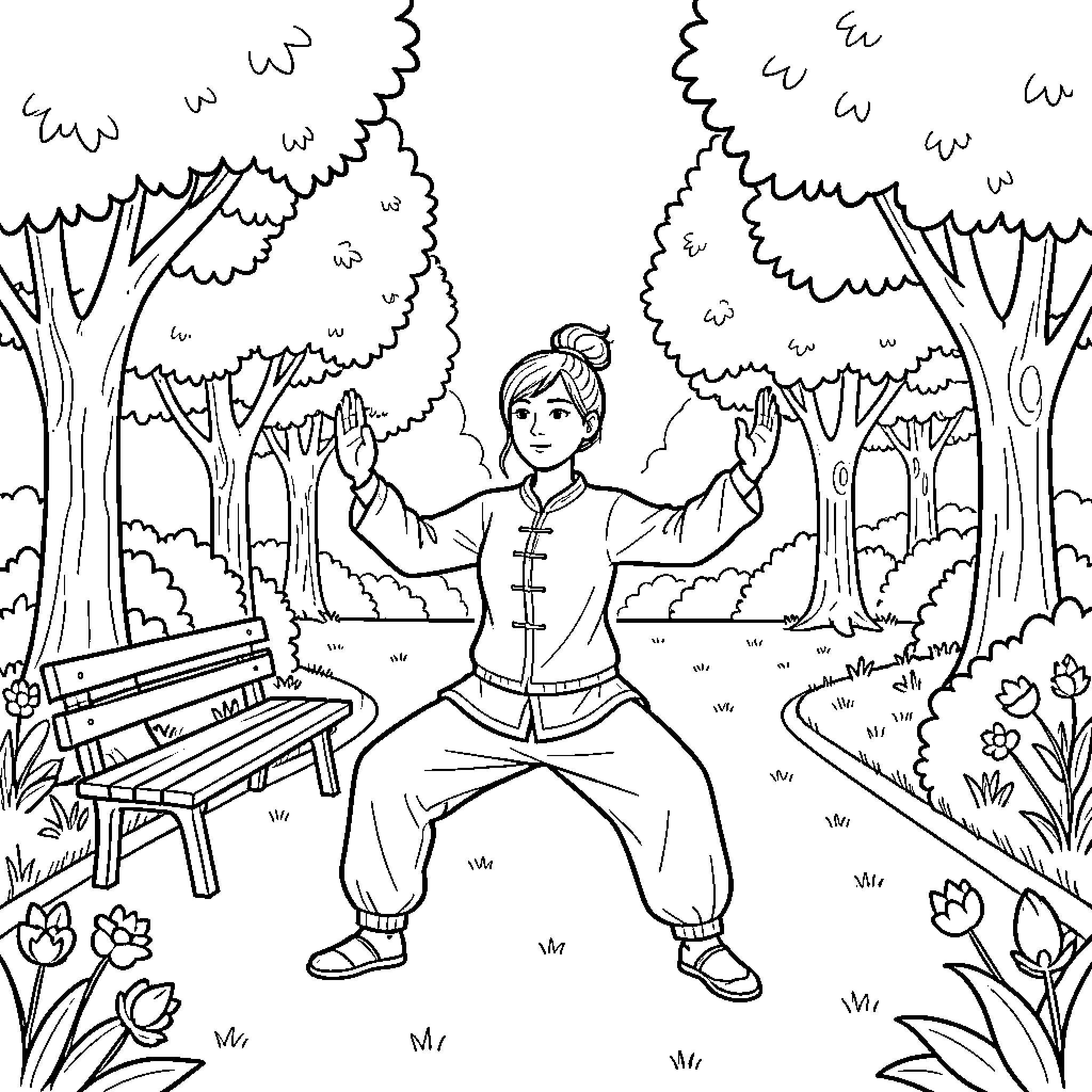 Taichi practitioner performing graceful movements in a forest Coloring Page (free black-and-white line drawing printable PDF for all, from beginners to advanced learners, including children, teens, adults, and seniors)