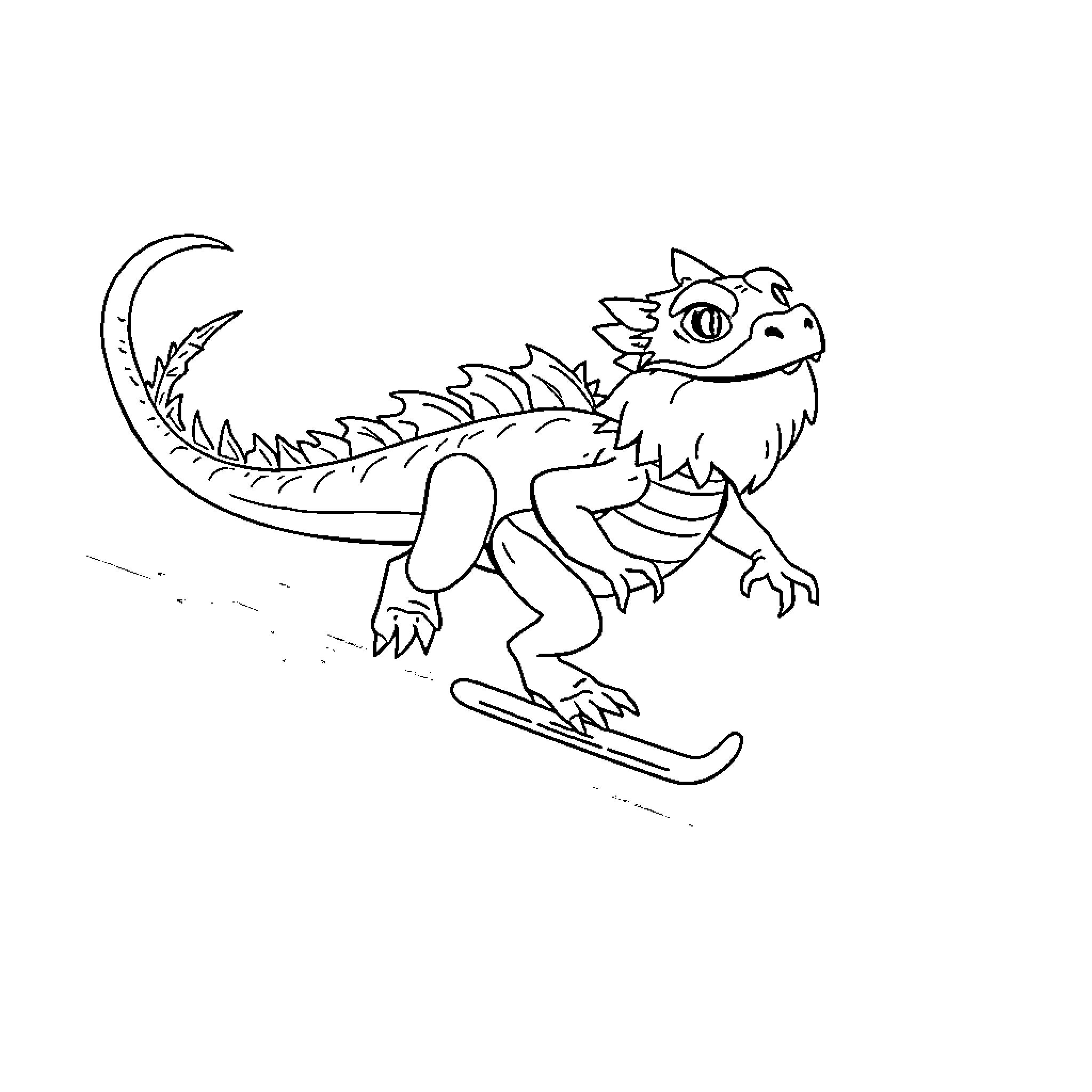Bearded Dragon riding a snowboard Coloring Page (free black-and-white line drawing printable PDF for all, from beginners to advanced learners, including children, teens, adults, and seniors)