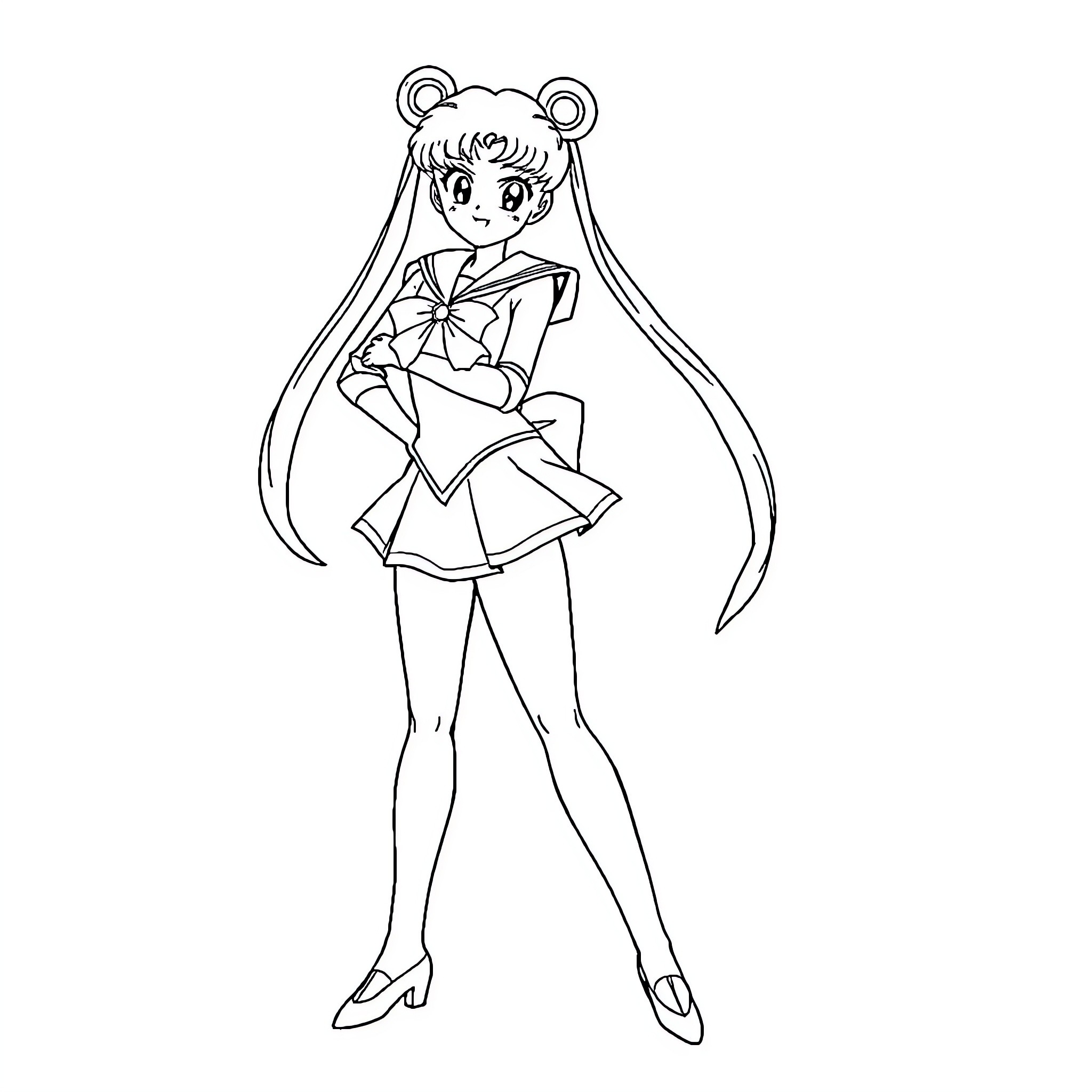 Sailor Moon in Superhero Pose Coloring Page (free black-and-white line drawing printable PDF for all, from beginners to advanced learners, including children, teens, adults, and seniors)
