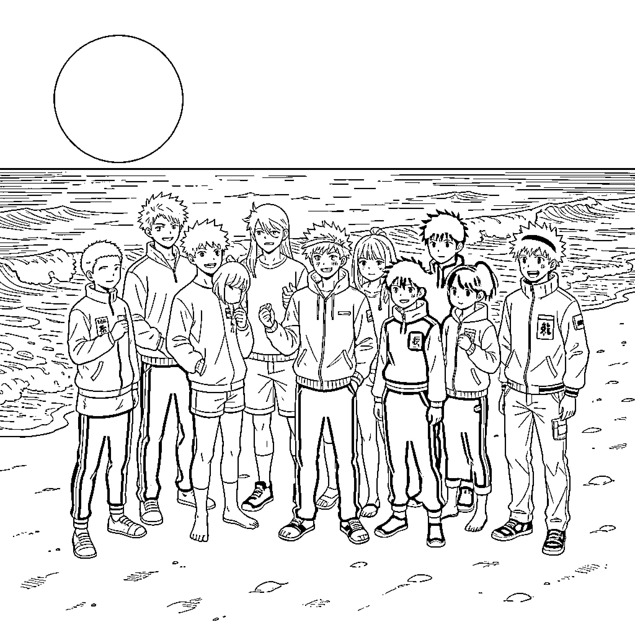 Jujutsu Kaisen characters standing together on a beach Coloring Page (free black-and-white line drawing printable PDF for all, from beginners to advanced learners, including children, teens, adults, and seniors)