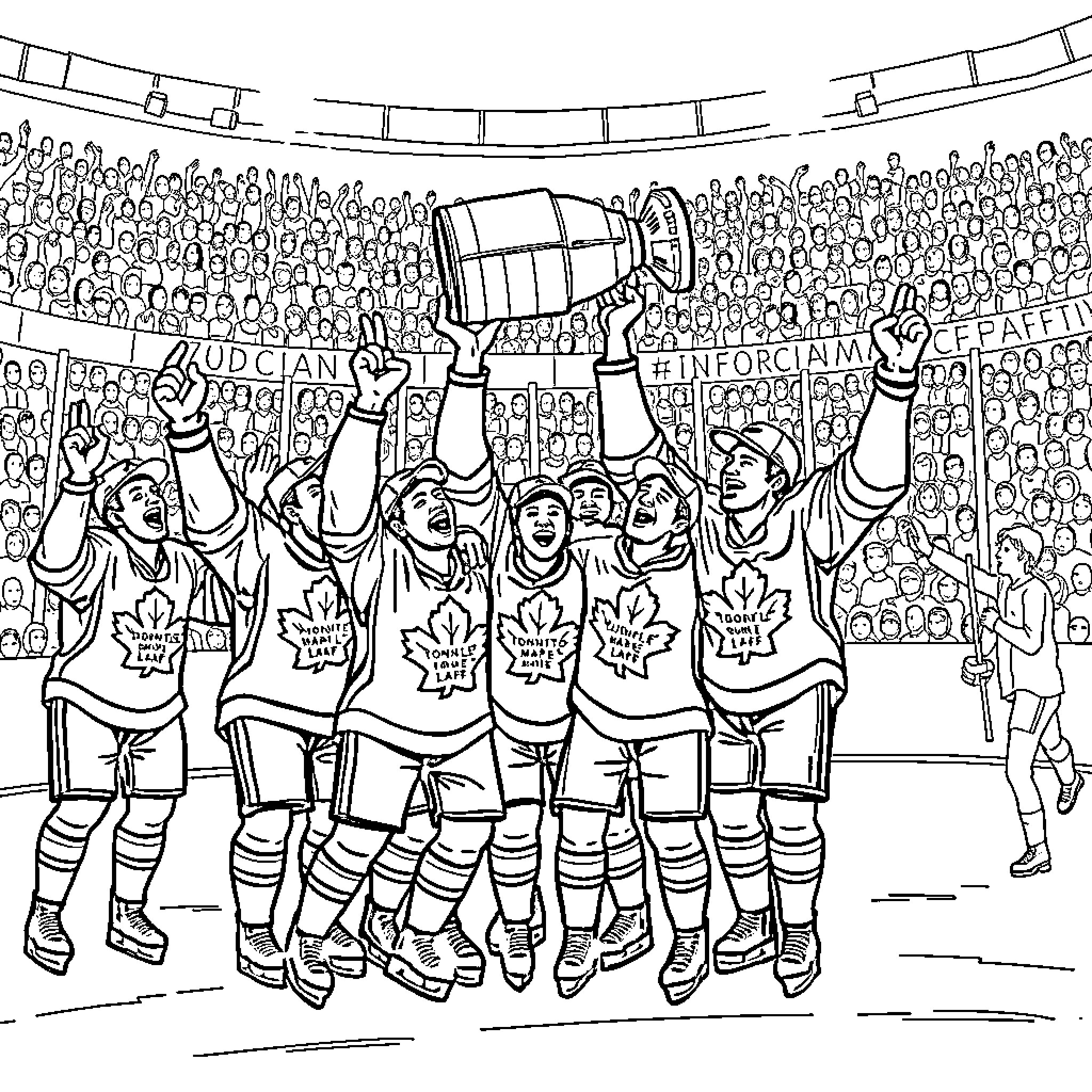 Maple Leaf Hockey Players Celebrating Victory with Fans Coloring Page (free black-and-white line drawing printable PDF for all, from beginners to advanced learners, including children, teens, adults, and seniors)