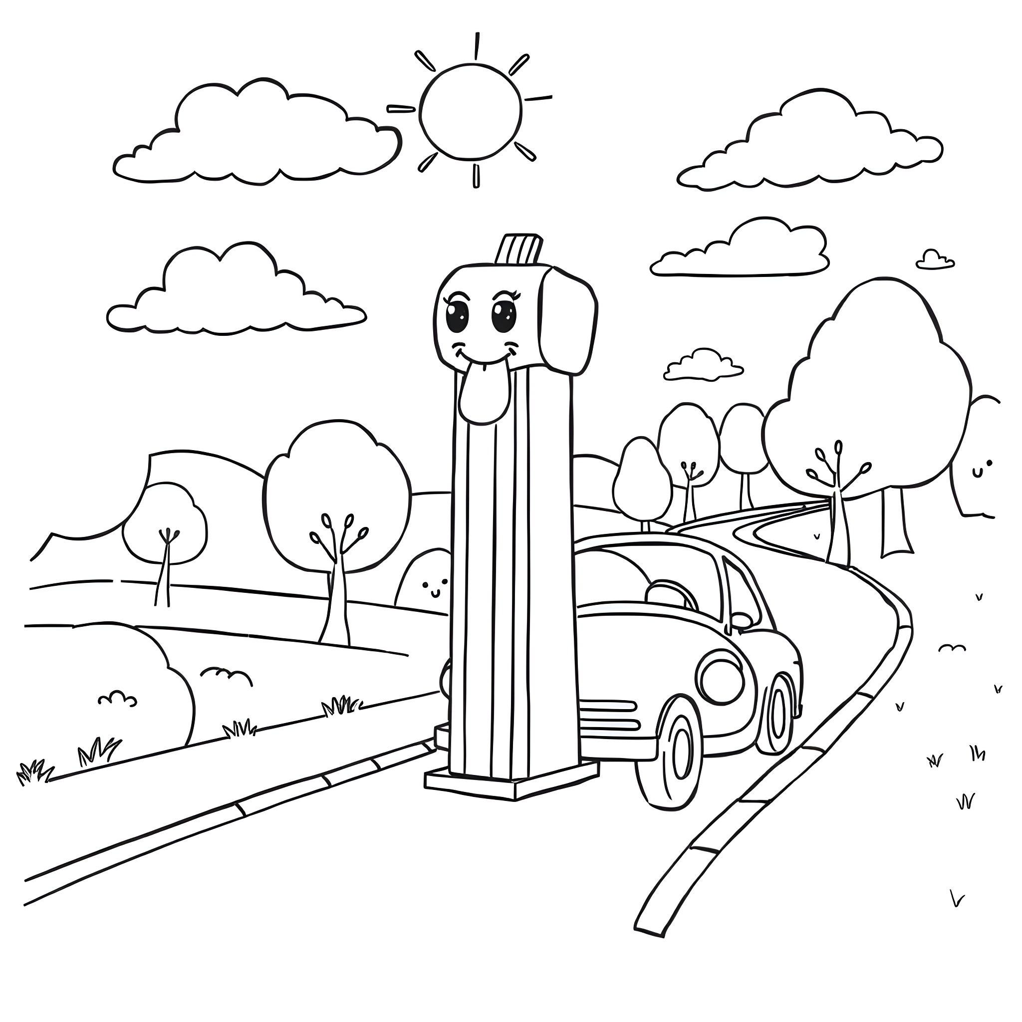 Pez Dispenser enjoying a sunny day on the road Coloring Page (free black-and-white line drawing printable PDF for all, from beginners to advanced learners, including children, teens, adults, and seniors)