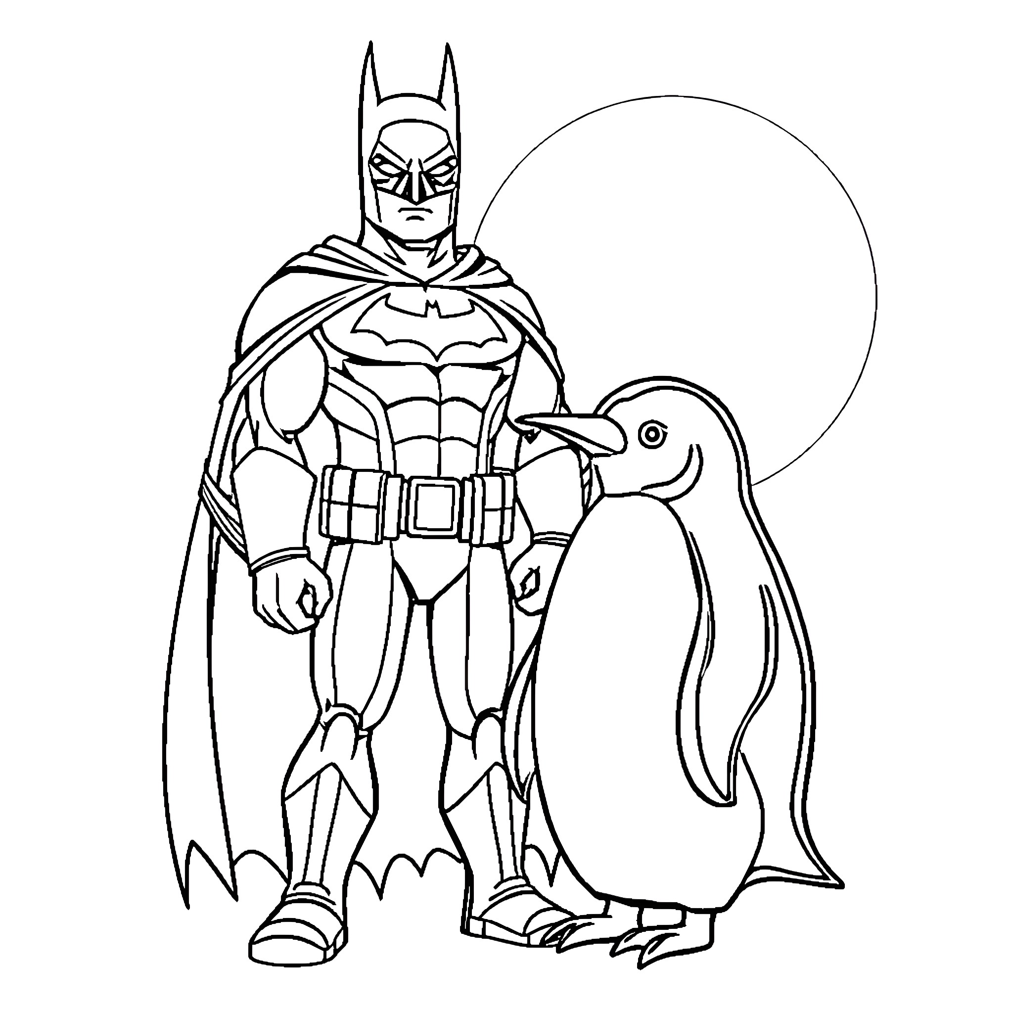 Batman protecting a penguin in the moonlight Coloring Page (free black-and-white line drawing printable PDF for all, from beginners to advanced learners, including children, teens, adults, and seniors)