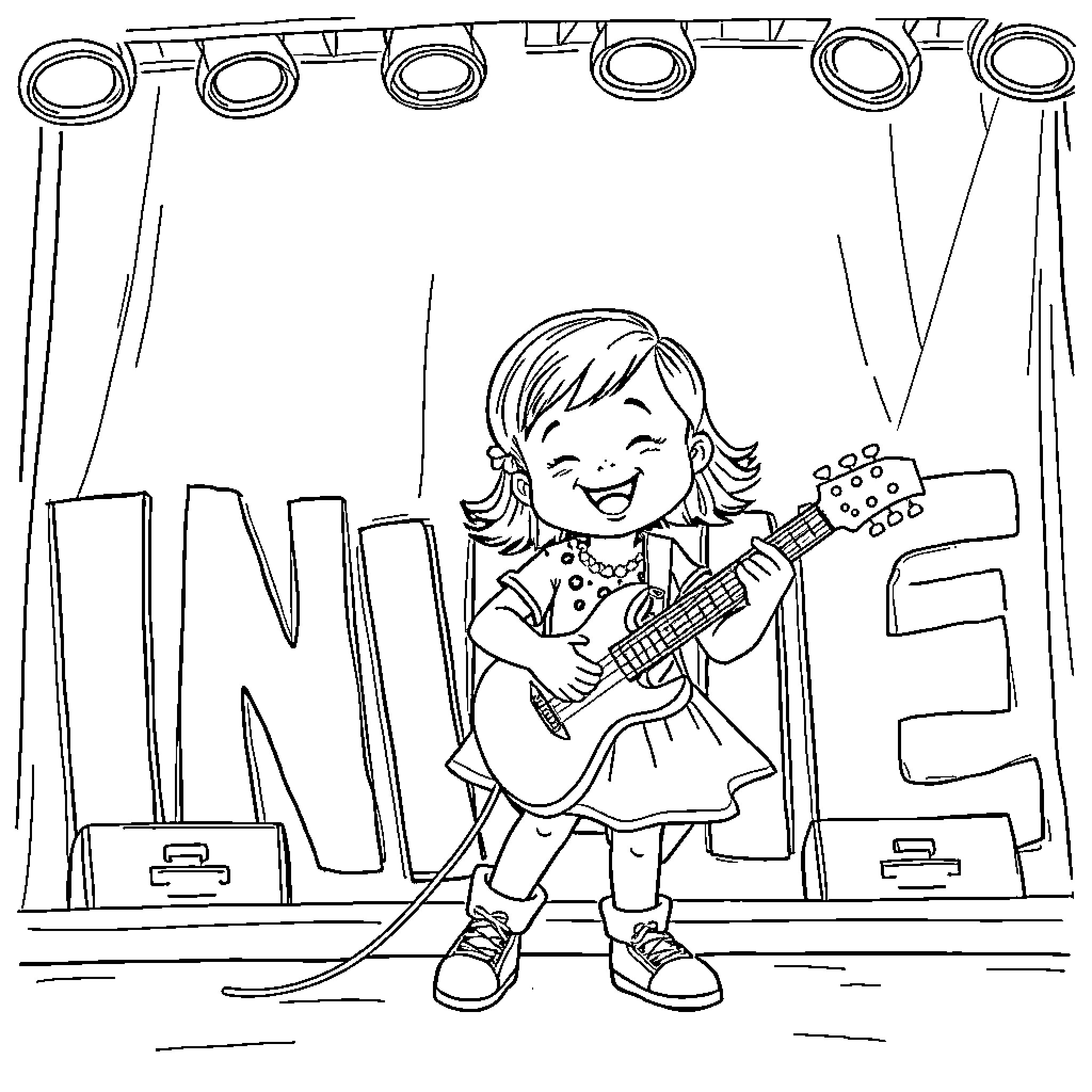 Baby Girl Performing on Stage with Guitar Coloring Page (free black-and-white line drawing printable PDF for all, from beginners to advanced learners, including children, teens, adults, and seniors)