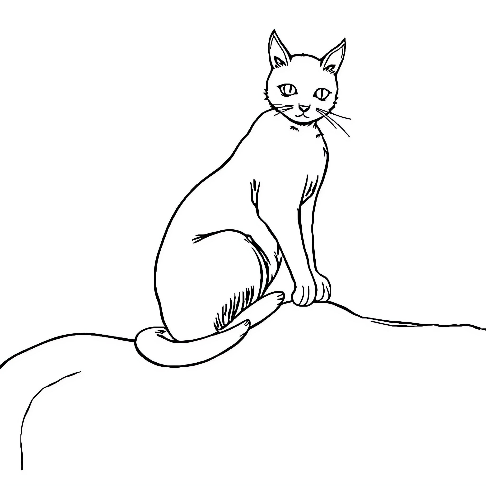Cat sitting calmly on a rock Coloring Page (free black-and-white line drawing printable PDF for all, from beginners to advanced learners, including children, teens, adults, and seniors)