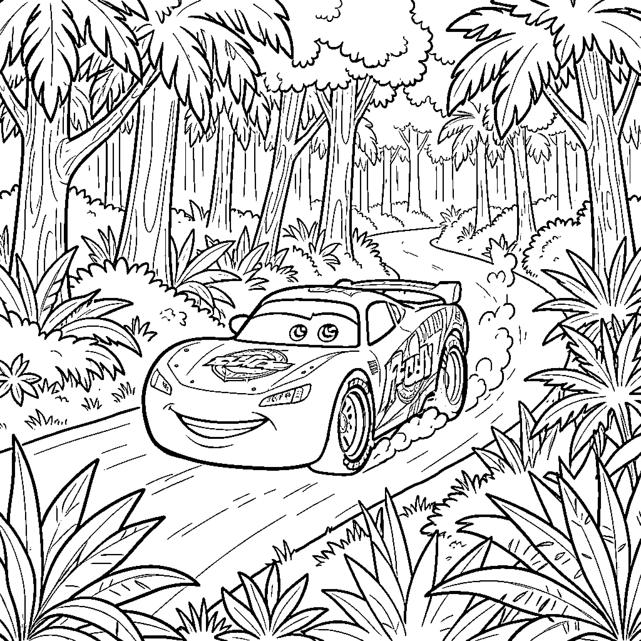Flash McQueen racing through a tropical jungle path Coloring Page (free black-and-white line drawing printable PDF for all, from beginners to advanced learners, including children, teens, adults, and seniors)