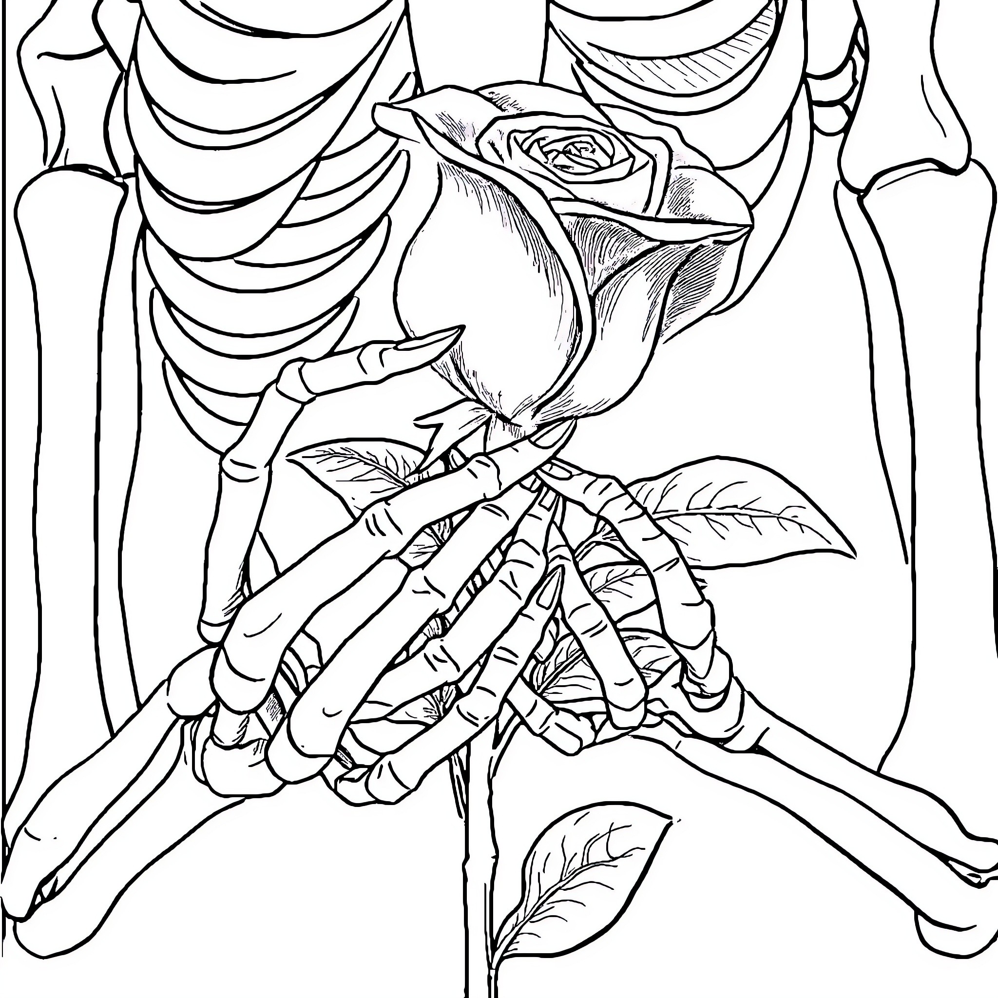 Skeleton Holding a Beautiful Rose Coloring Page (free black-and-white line drawing printable PDF for all, from beginners to advanced learners, including children, teens, adults, and seniors)