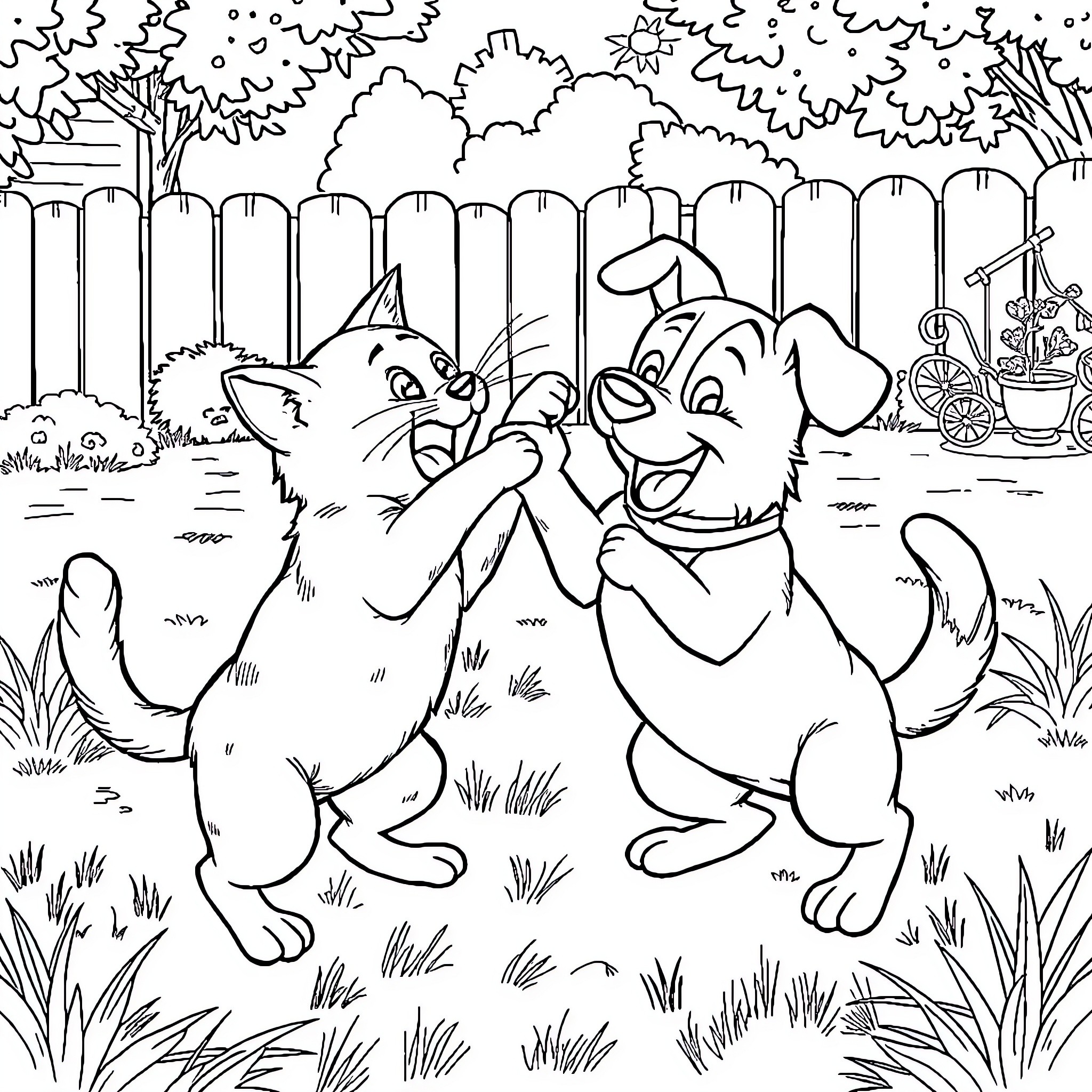 Cat and Dog Playing Joyfully in the Backyard Coloring Page (free black-and-white line drawing printable PDF for all, from beginners to advanced learners, including children, teens, adults, and seniors)