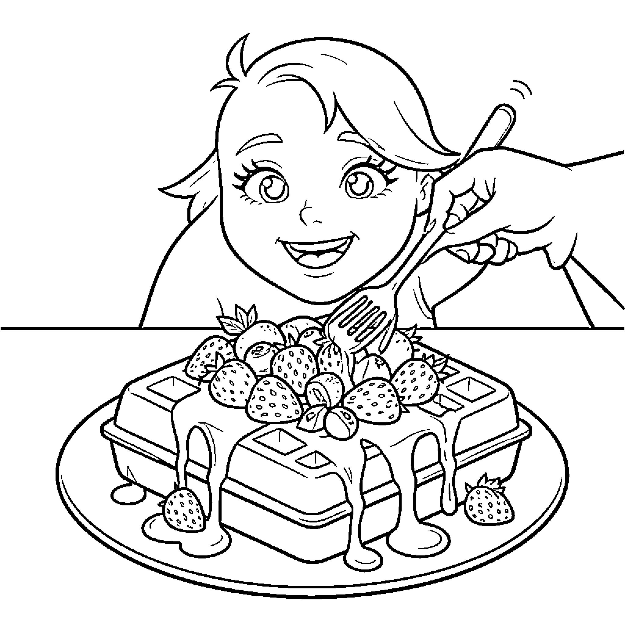 Waffle Delight: Girl Preparing Strawberry Treat Coloring Page (free black-and-white line drawing printable PDF for all, from beginners to advanced learners, including children, teens, adults, and seniors)