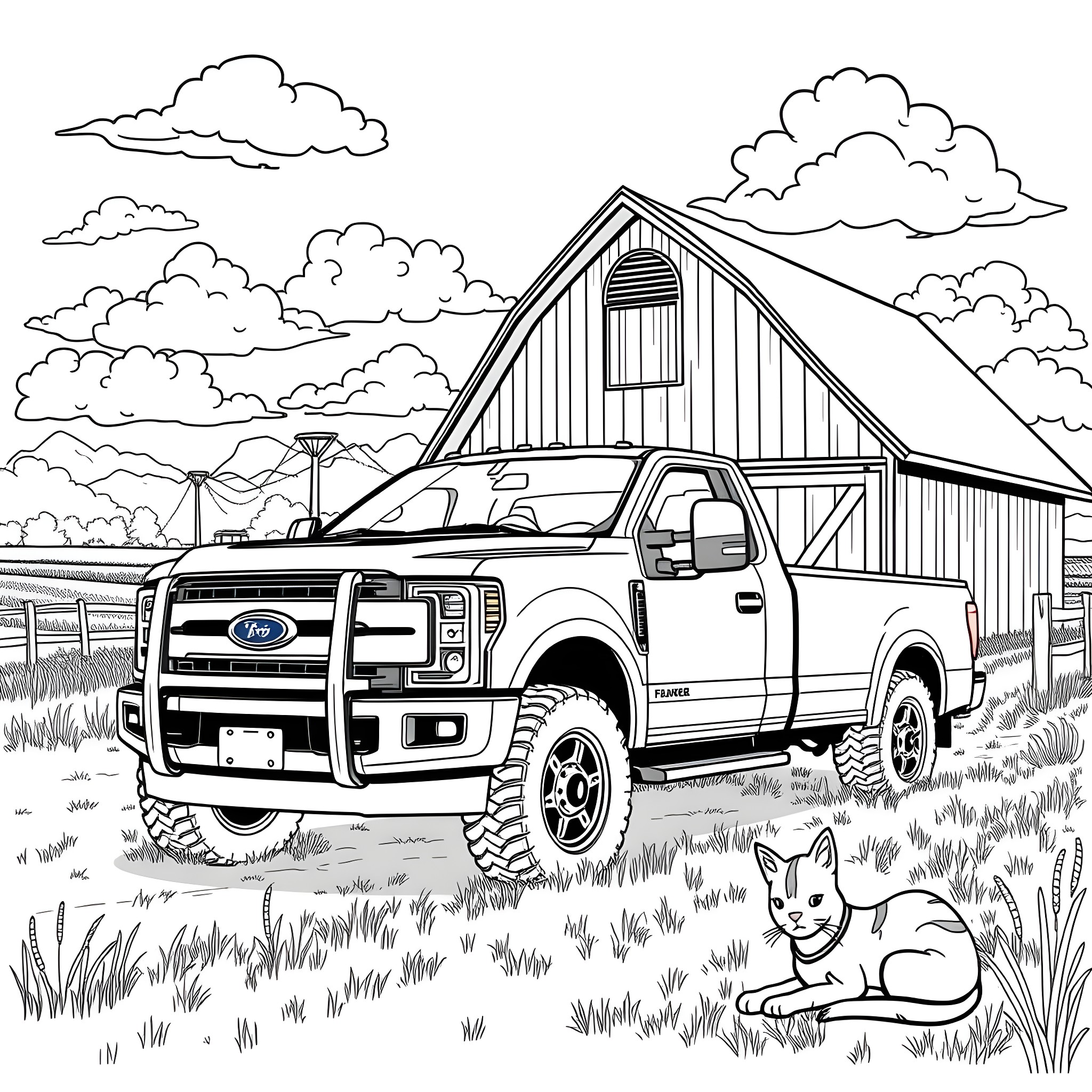 Pickup truck on rural farmland with barn Coloring Page (free black-and-white line drawing printable PDF for all, from beginners to advanced learners, including children, teens, adults, and seniors)