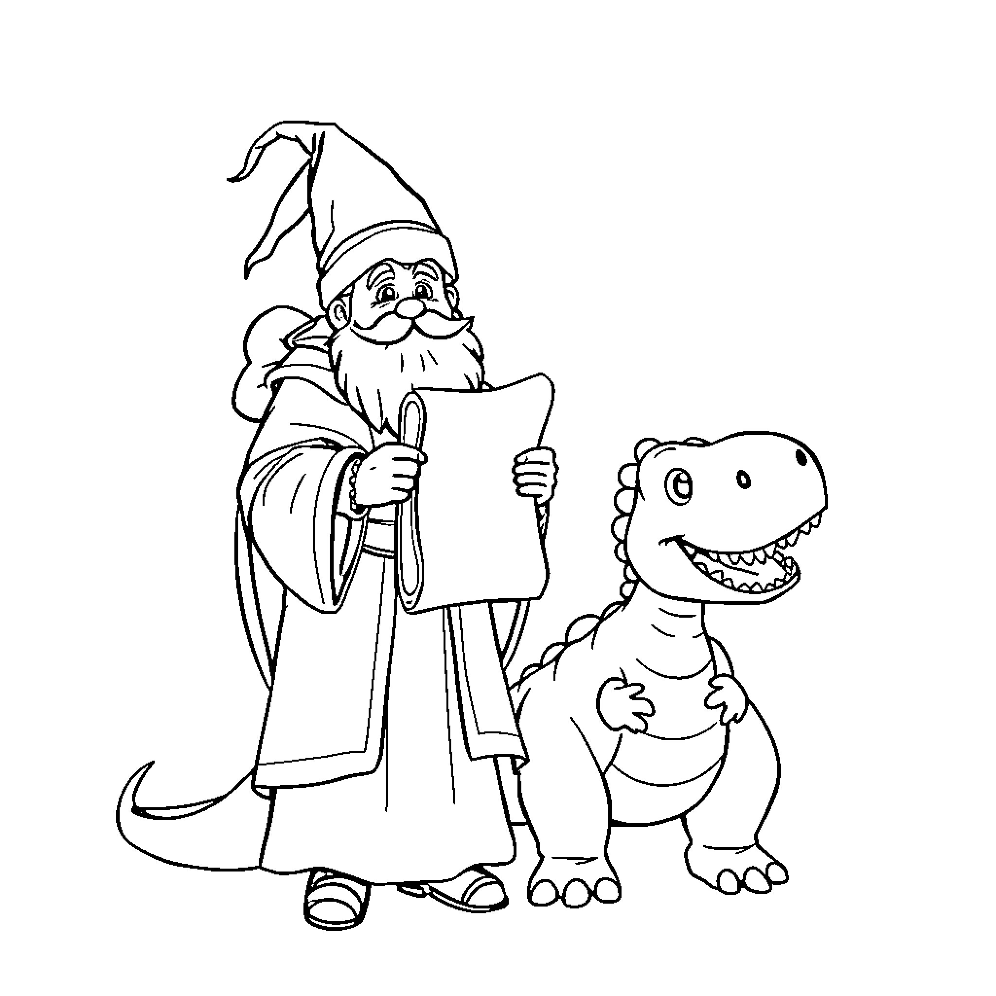 Saint Nicolas shares a book with a friendly dinosaur Coloring Page (free black-and-white line drawing printable PDF for all, from beginners to advanced learners, including children, teens, adults, and seniors)