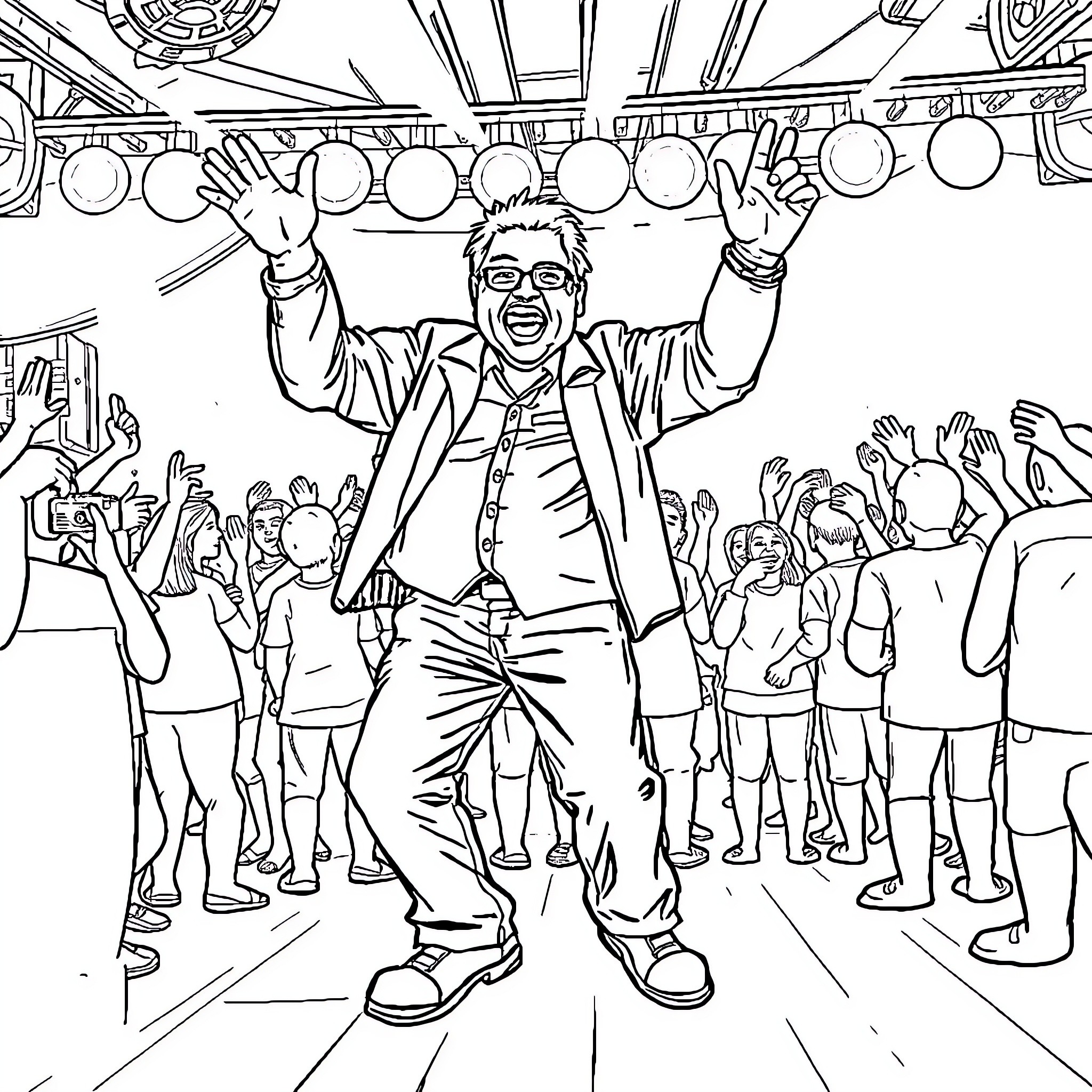 Eagle Celebrates with Enthusiastic Crowd Coloring Page (free black-and-white line drawing printable PDF for all, from beginners to advanced learners, including children, teens, adults, and seniors)