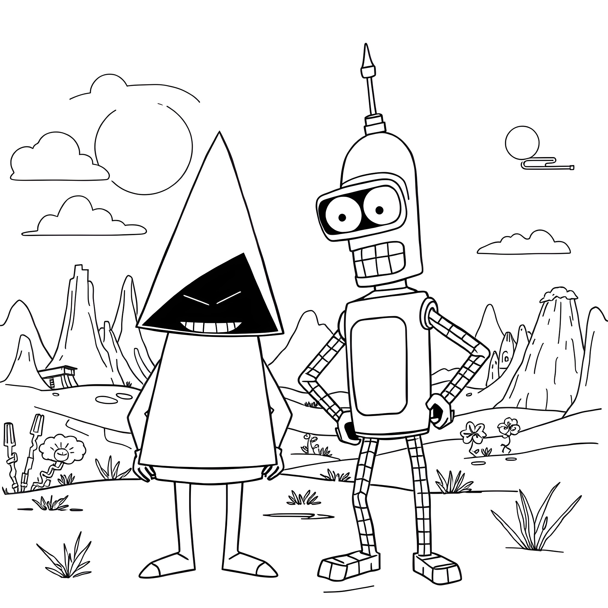 Bill Cipher and Robot Explore Fantastical Landscape Coloring Page (free black-and-white line drawing printable PDF for all, from beginners to advanced learners, including children, teens, adults, and seniors)