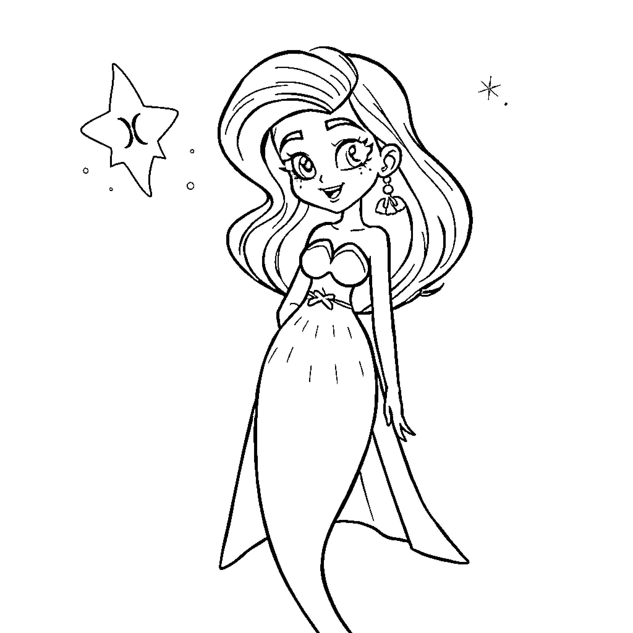 Jade Miranda's Enchanting Starry Dress Coloring Page (free black-and-white line drawing printable PDF for all, from beginners to advanced learners, including children, teens, adults, and seniors)