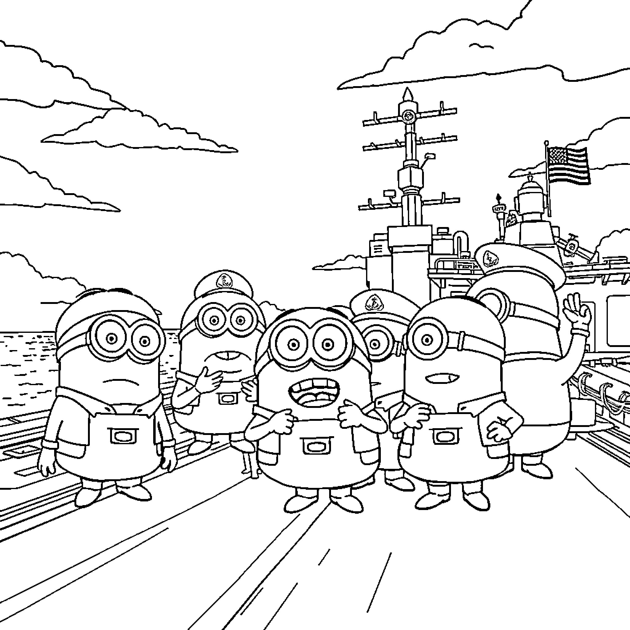 Minions embarking on an adventure at the naval base Coloring Page (free black-and-white line drawing printable PDF for all, from beginners to advanced learners, including children, teens, adults, and seniors)