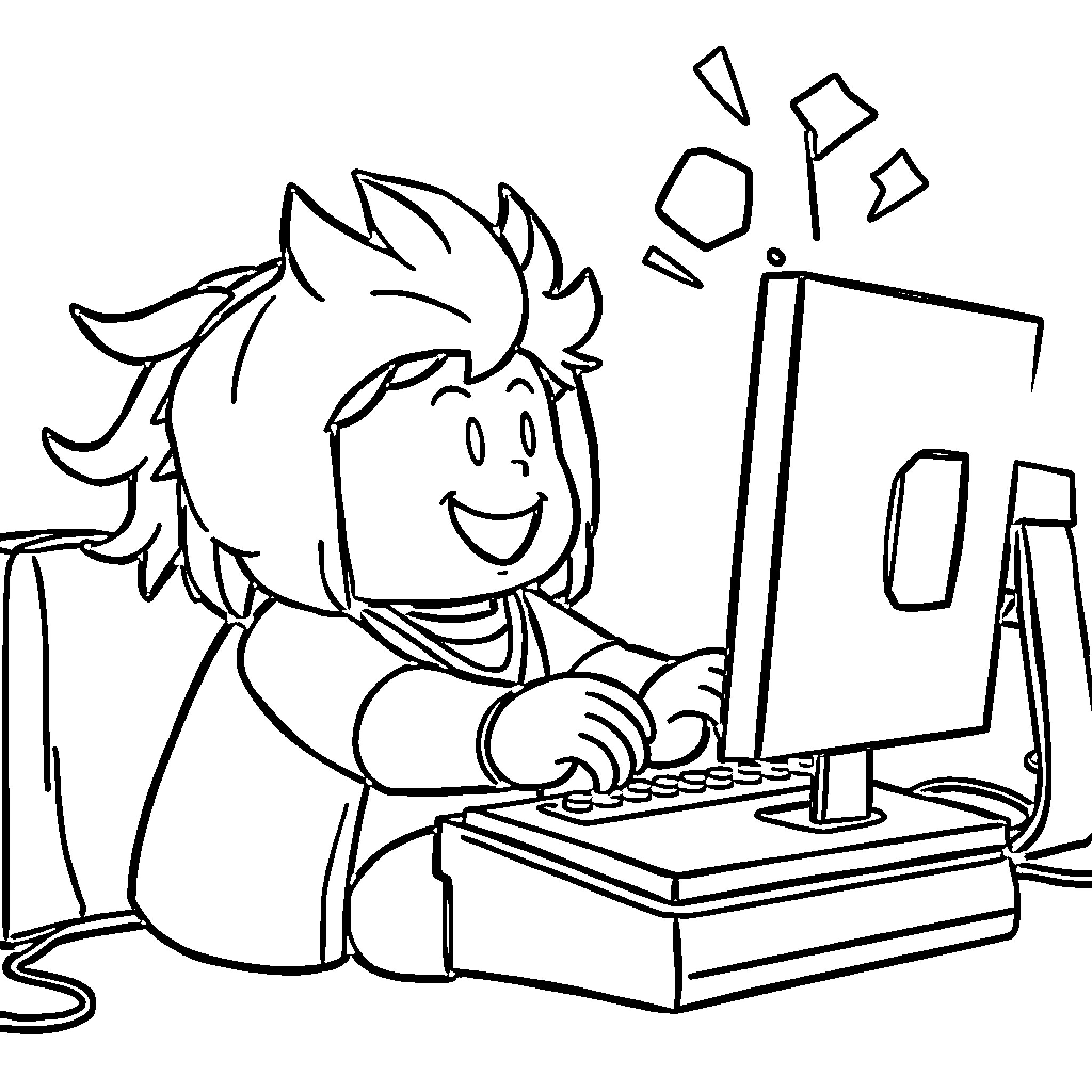 Labubu enjoys using the computer happily Coloring Page (free black-and-white line drawing printable PDF for all, from beginners to advanced learners, including children, teens, adults, and seniors)