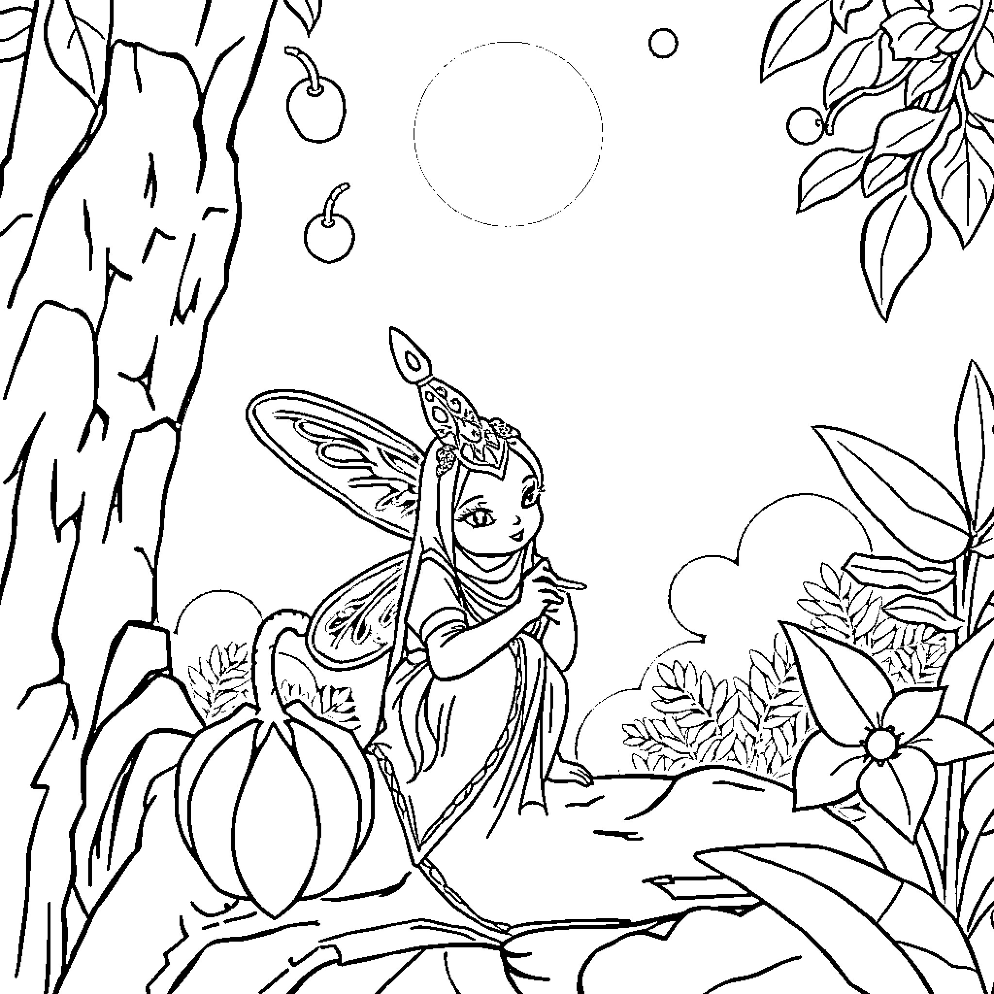 Gadis exploring whimsical fairy-like scene Coloring Page (free black-and-white line drawing printable PDF for all, from beginners to advanced learners, including children, teens, adults, and seniors)