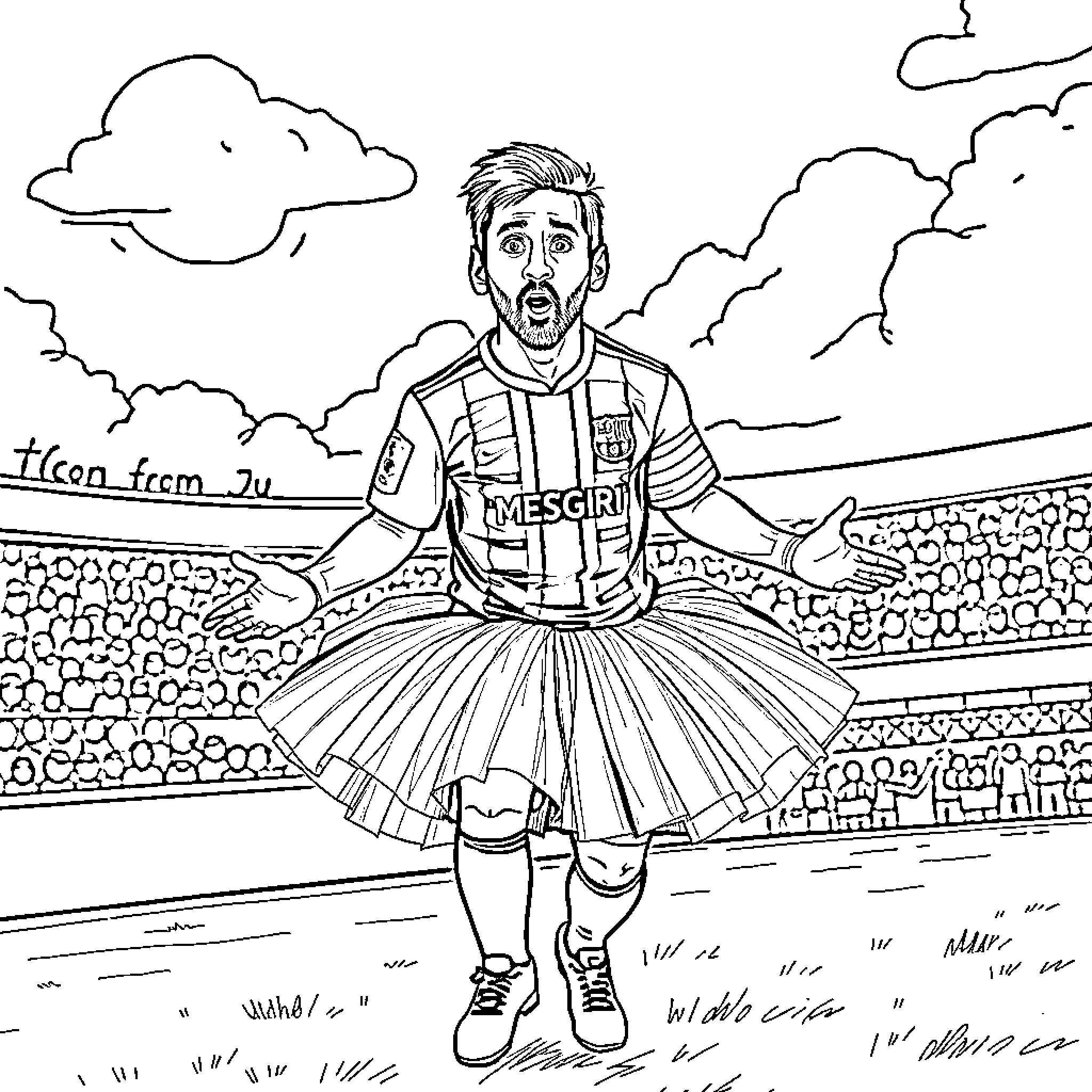 Messi celebrating with dramatic expressions on the field Coloring Page (free black-and-white line drawing printable PDF for all, from beginners to advanced learners, including children, teens, adults, and seniors)