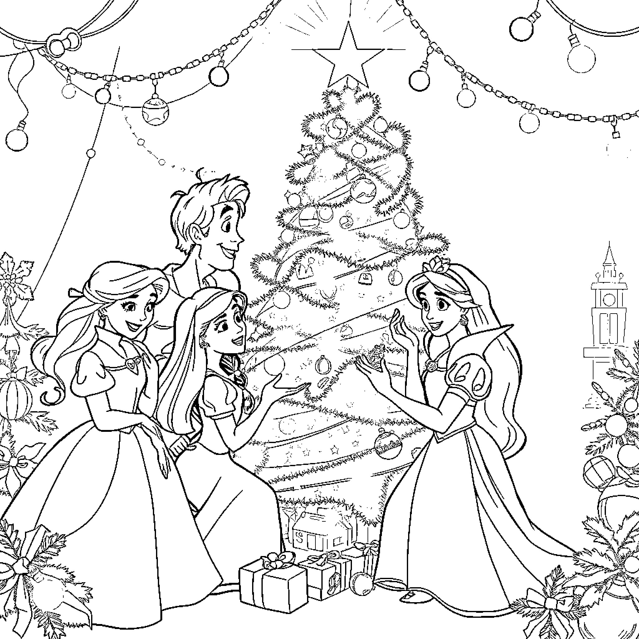 Disney Characters Celebrating Christmas with a Tree Coloring Page (free black-and-white line drawing printable PDF for all, from beginners to advanced learners, including children, teens, adults, and seniors)