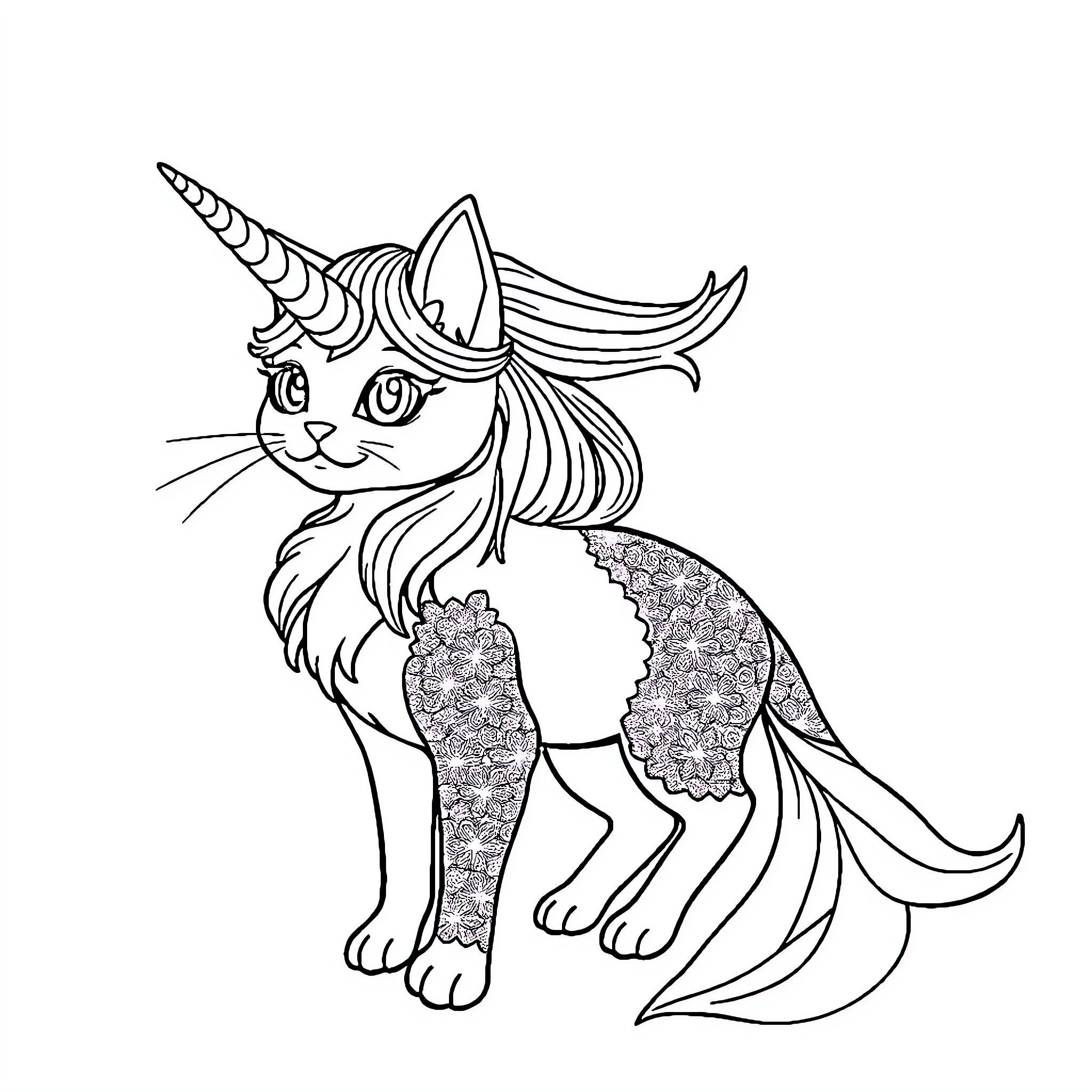 Unicorn Cat in enchanting pose Coloring Page (free black-and-white line drawing printable PDF for all, from beginners to advanced learners, including children, teens, adults, and seniors)