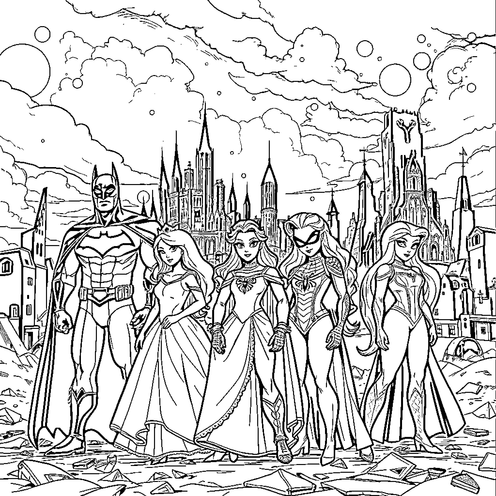 Character group posing in heroic fantasy city Coloring Page (free black-and-white line drawing printable PDF for all, from beginners to advanced learners, including children, teens, adults, and seniors)