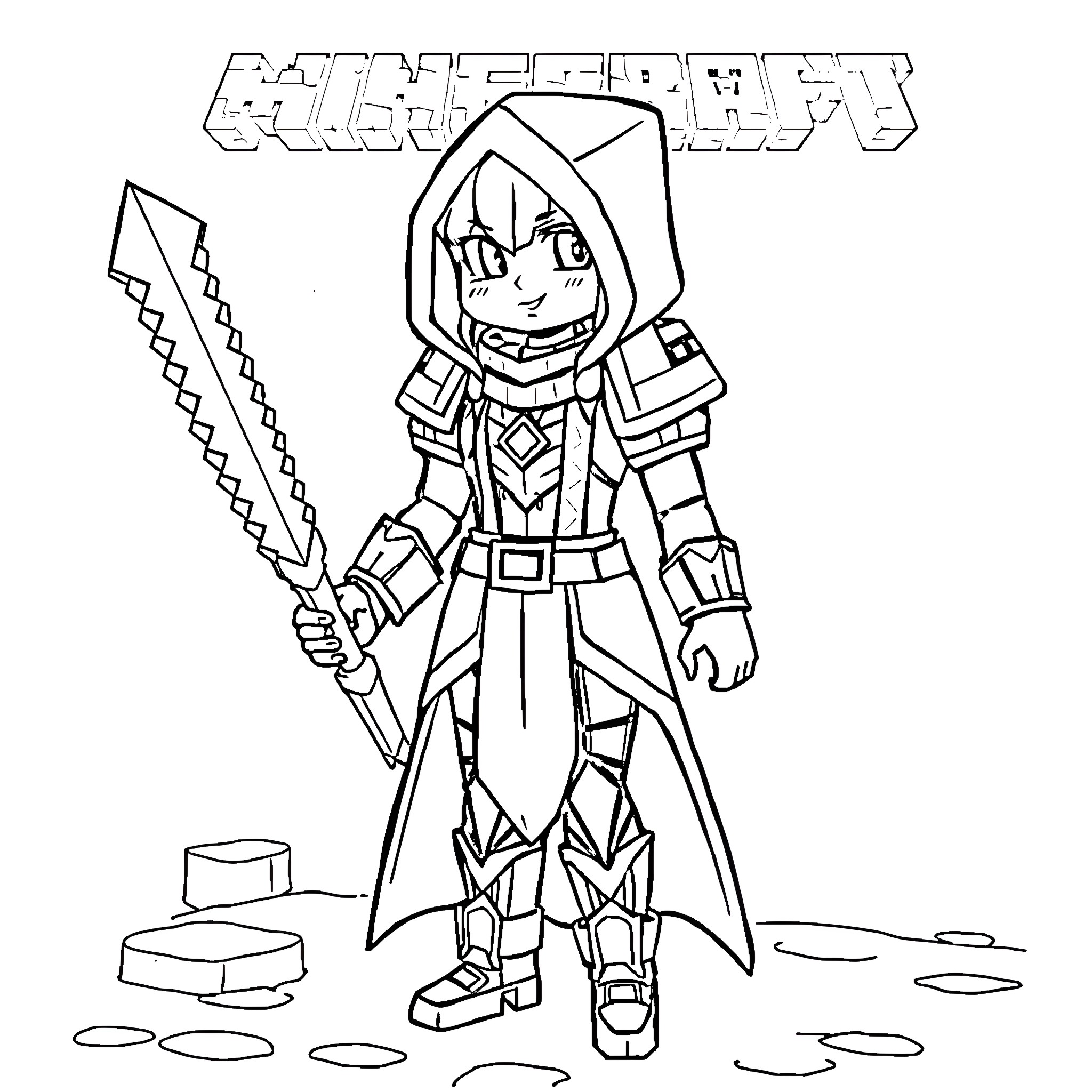 Warden of the Dungeon Wielding Mighty Sword Coloring Page (free black-and-white line drawing printable PDF for all, from beginners to advanced learners, including children, teens, adults, and seniors)