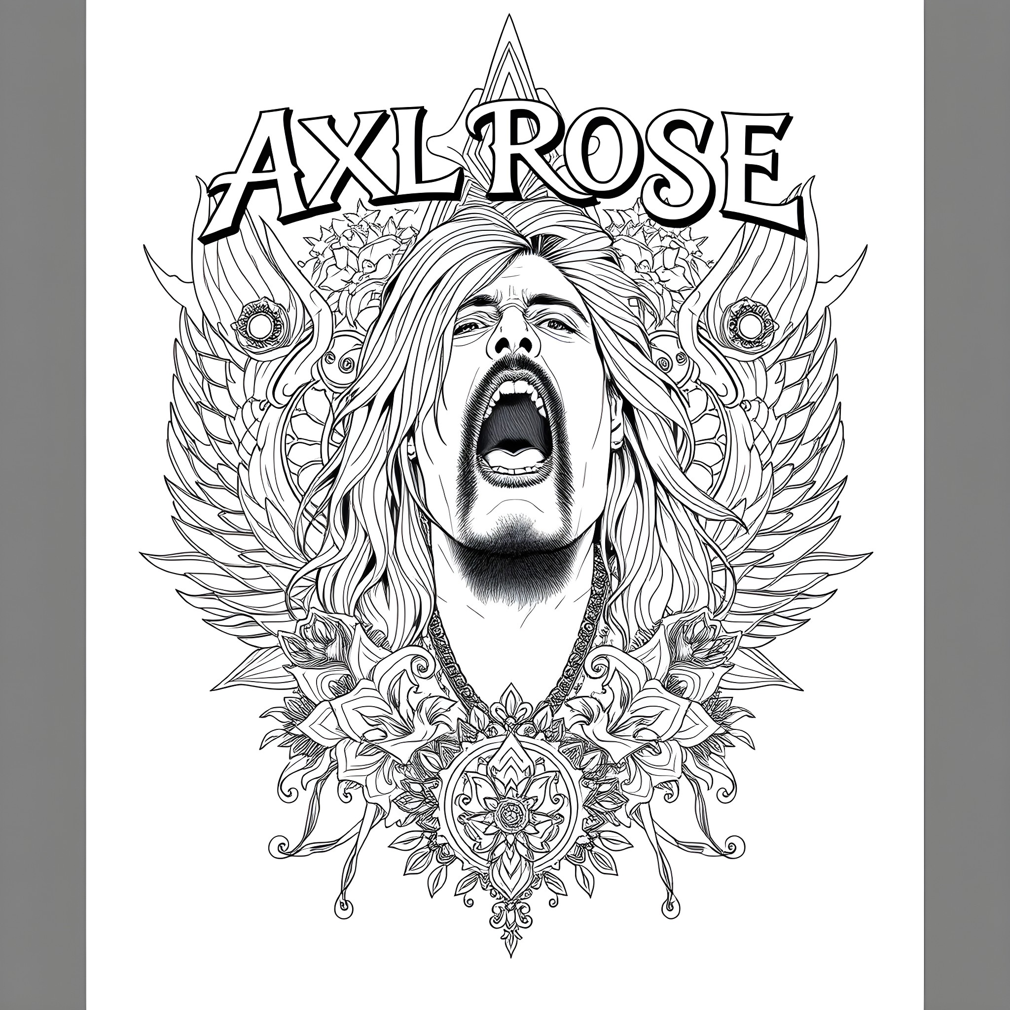 Axl Rose's Expressive Rock Star Portrait Coloring Page (free black-and-white line drawing printable PDF for all, from beginners to advanced learners, including children, teens, adults, and seniors)