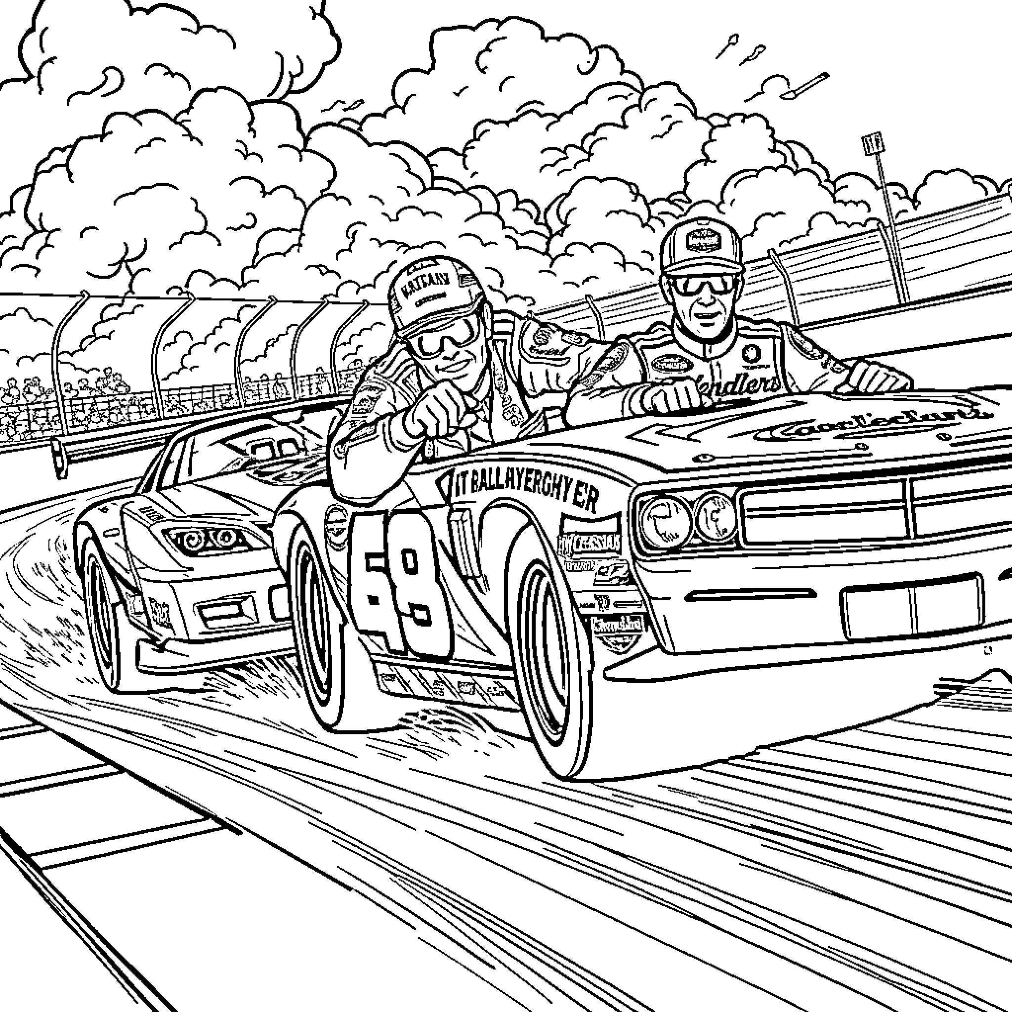 Racer speeds through race track with determination Coloring Page (free black-and-white line drawing printable PDF for all, from beginners to advanced learners, including children, teens, adults, and seniors)