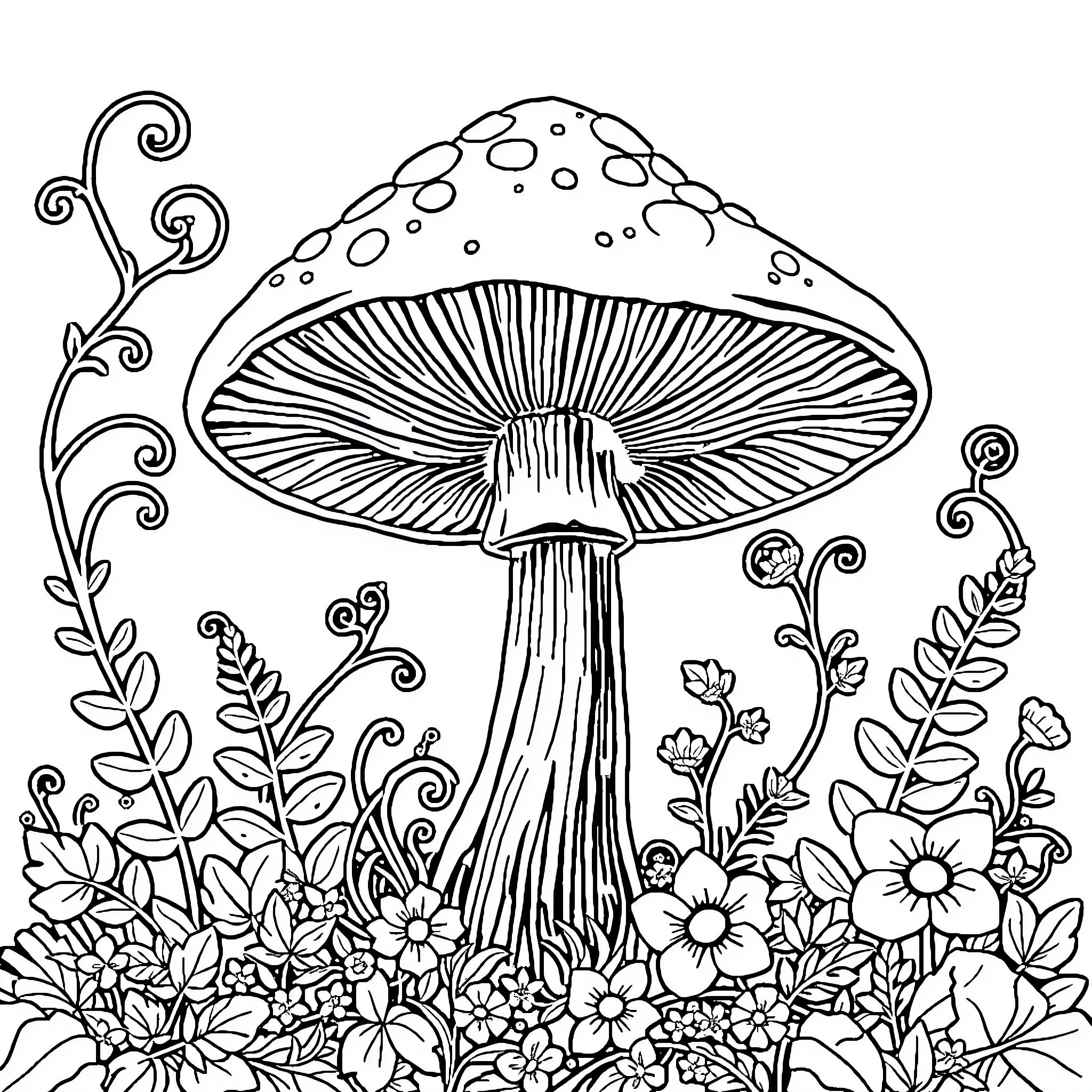 Mushroom surrounded by whimsical floral landscape Coloring Page (free black-and-white line drawing printable PDF for all, from beginners to advanced learners, including children, teens, adults, and seniors)