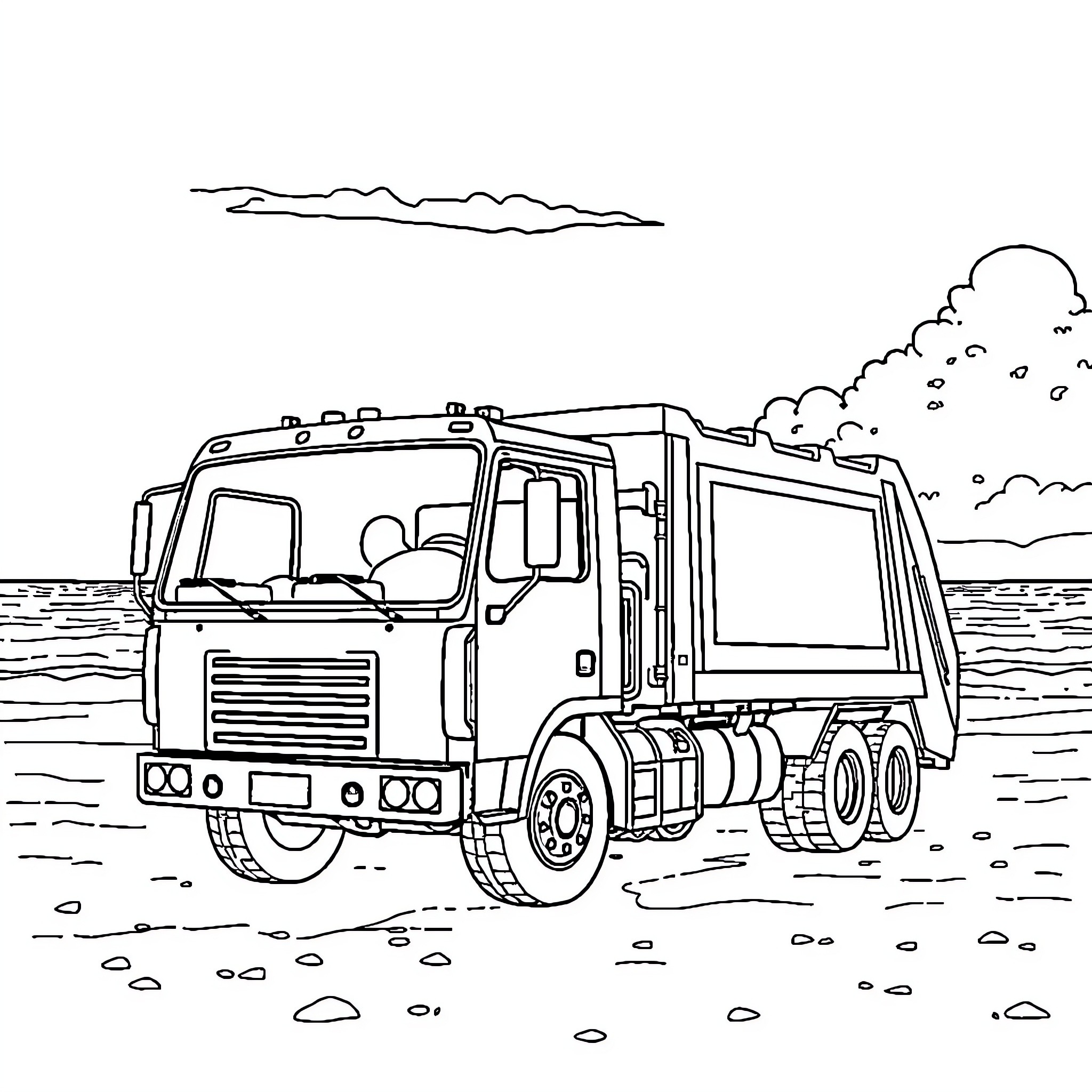 Trash Truck Transporting Waste in Scenic Landscape Coloring Page (free black-and-white line drawing printable PDF for all, from beginners to advanced learners, including children, teens, adults, and seniors)