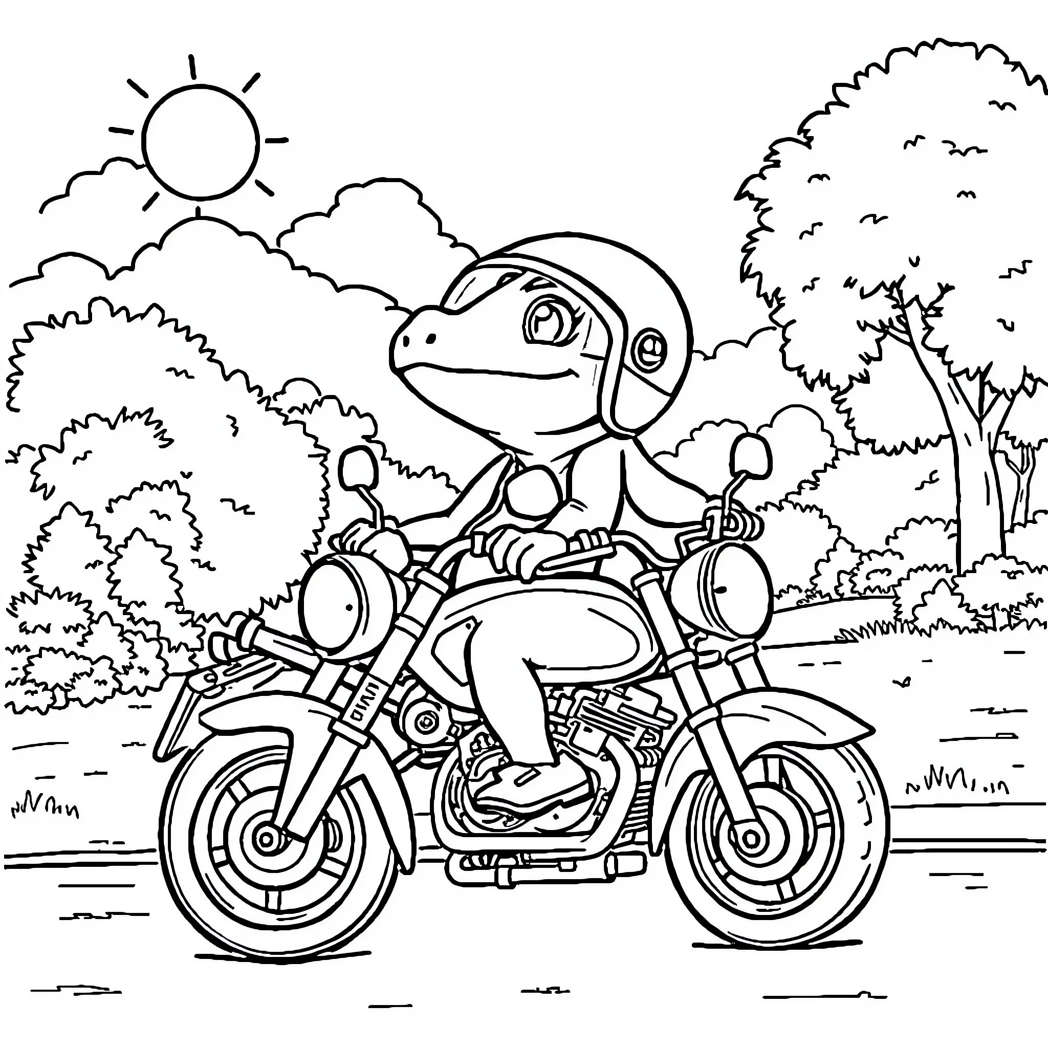 Axolotl riding a motorcycle in the park Coloring Page (free black-and-white line drawing printable PDF for all, from beginners to advanced learners, including children, teens, adults, and seniors)