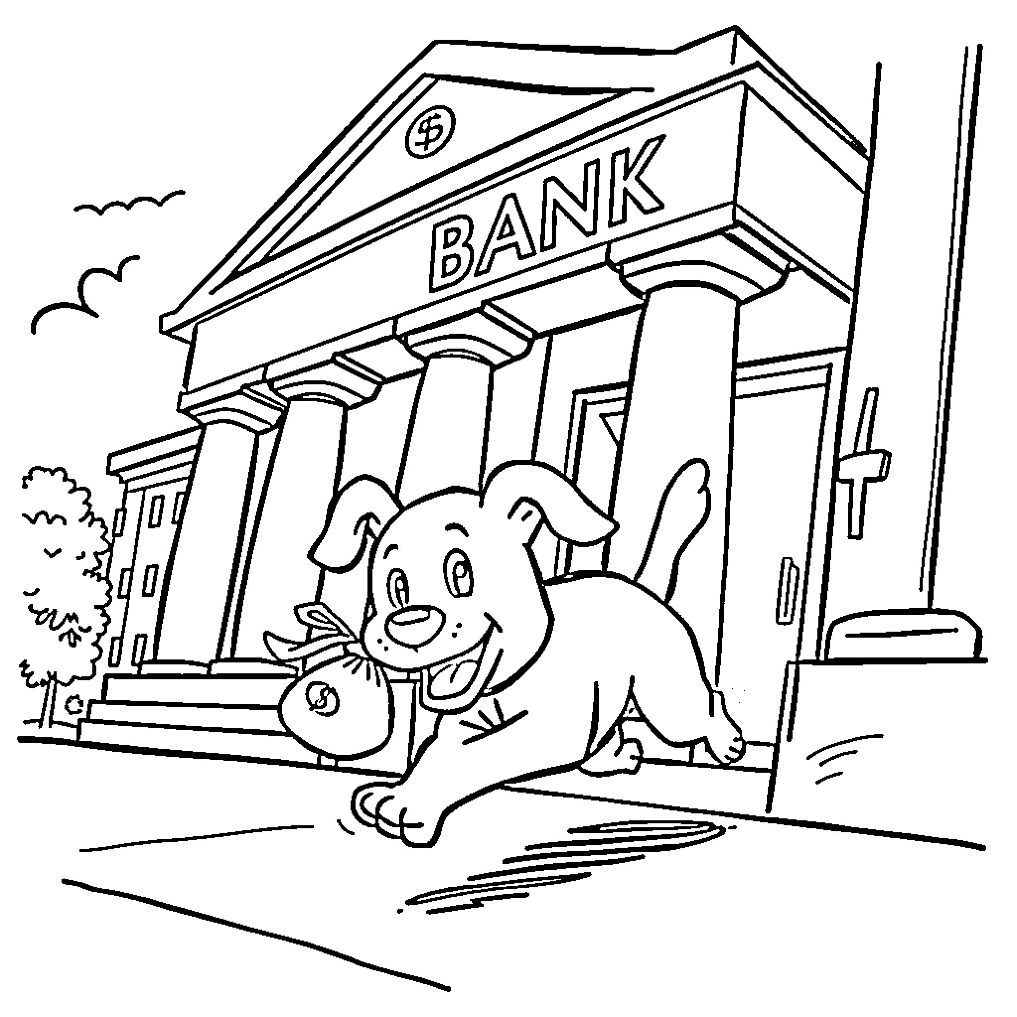Dog exploring bank building Coloring Page (free black-and-white line drawing printable PDF for all, from beginners to advanced learners, including children, teens, adults, and seniors)
