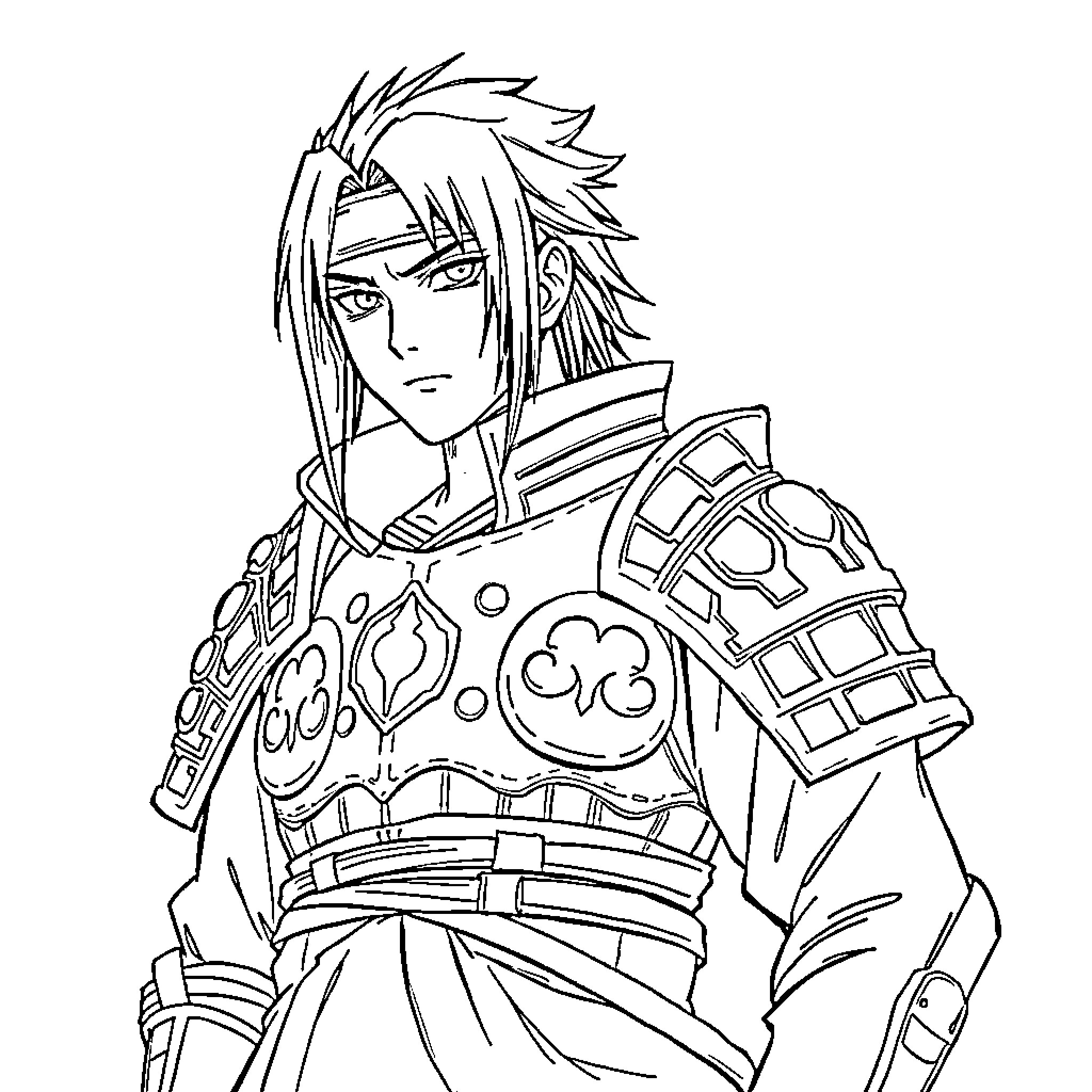 Itachi in Contemplative Pose with Intricate Armor Coloring Page (free black-and-white line drawing printable PDF for all, from beginners to advanced learners, including children, teens, adults, and seniors)