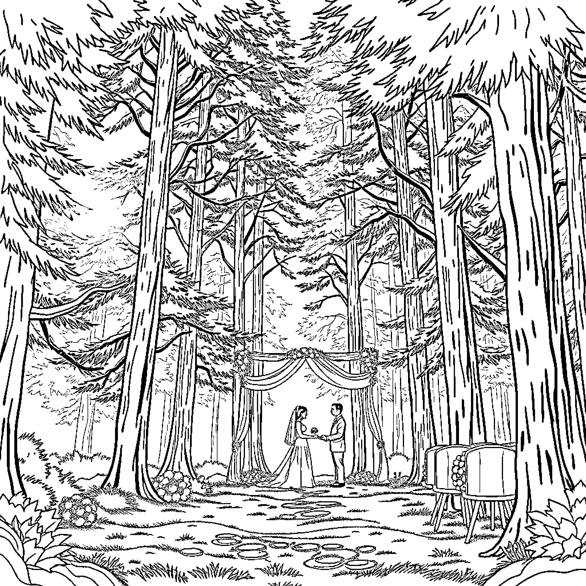 Wedding ceremony in a forest setting Coloring Page (free black-and-white line drawing printable PDF for all, from beginners to advanced learners, including children, teens, adults, and seniors)