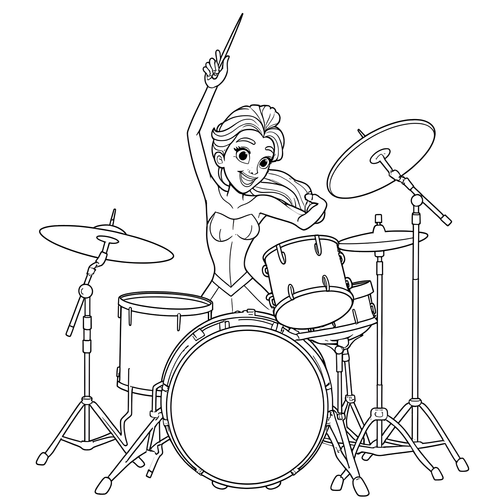 Elsa playing the drums with enthusiasm Coloring Page (free black-and-white line drawing printable PDF for all, from beginners to advanced learners, including children, teens, adults, and seniors)
