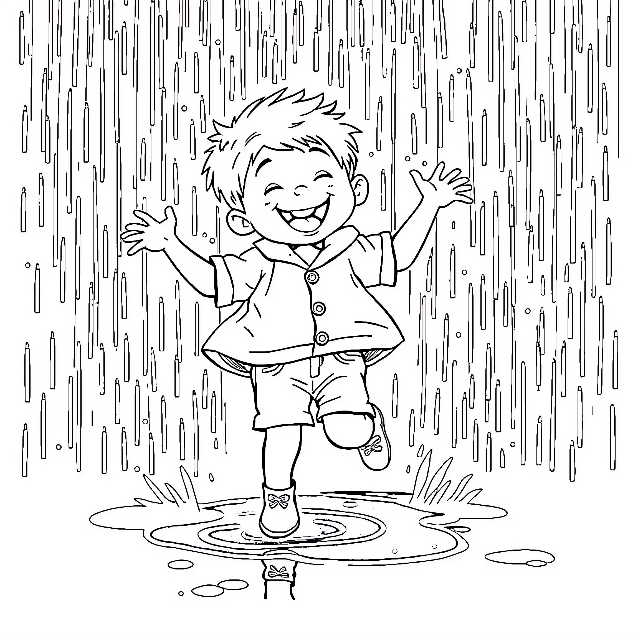Boy joyfully playing in the rain Coloring Page (free black-and-white line drawing printable PDF for all, from beginners to advanced learners, including children, teens, adults, and seniors)