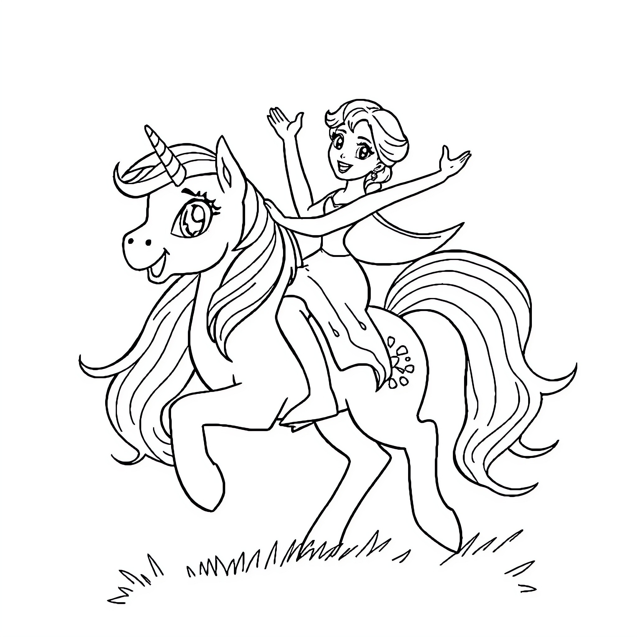 Elsa riding a magical unicorn in the meadow Coloring Page (free black-and-white line drawing printable PDF for all, from beginners to advanced learners, including children, teens, adults, and seniors)
