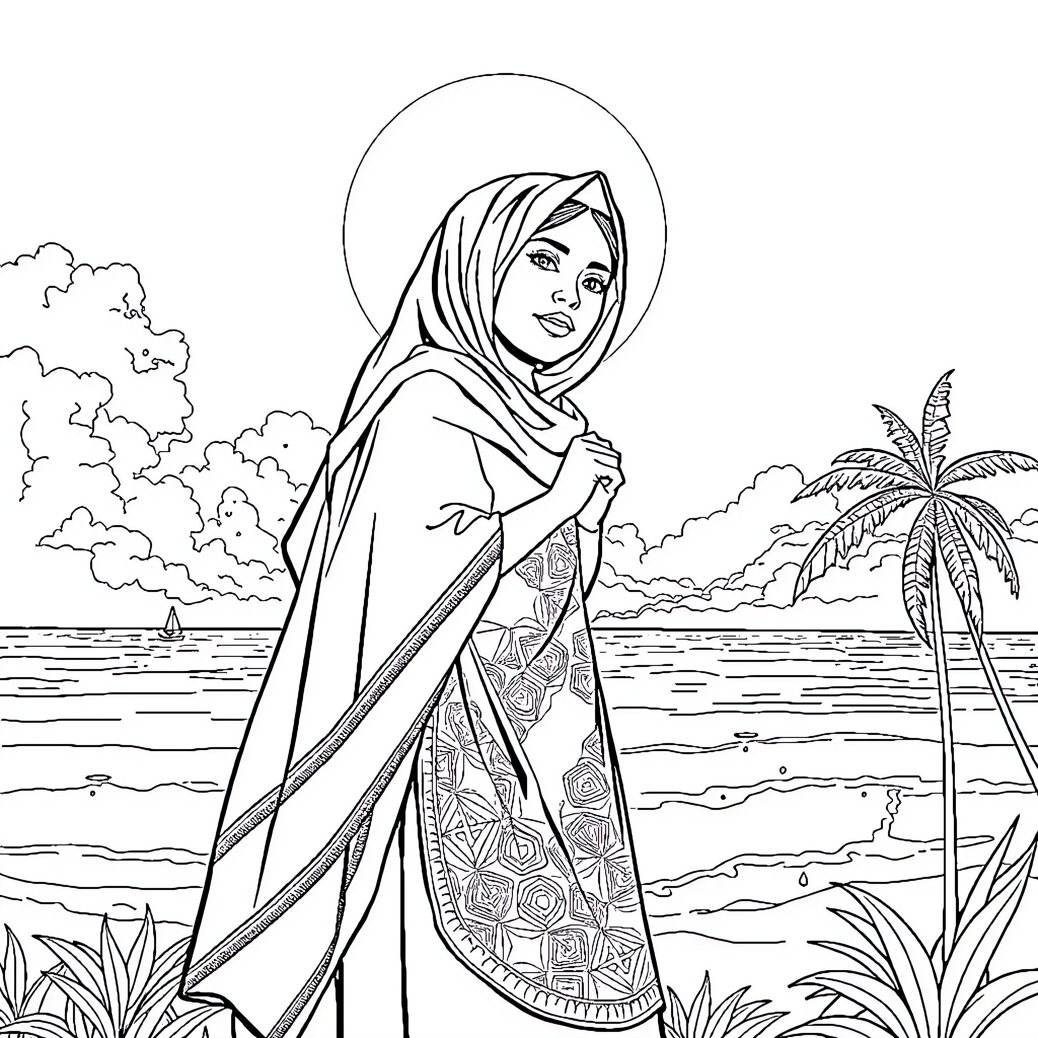 Woman in traditional attire admiring tropical landscape Coloring Page (free black-and-white line drawing printable PDF for all, from beginners to advanced learners, including children, teens, adults, and seniors)