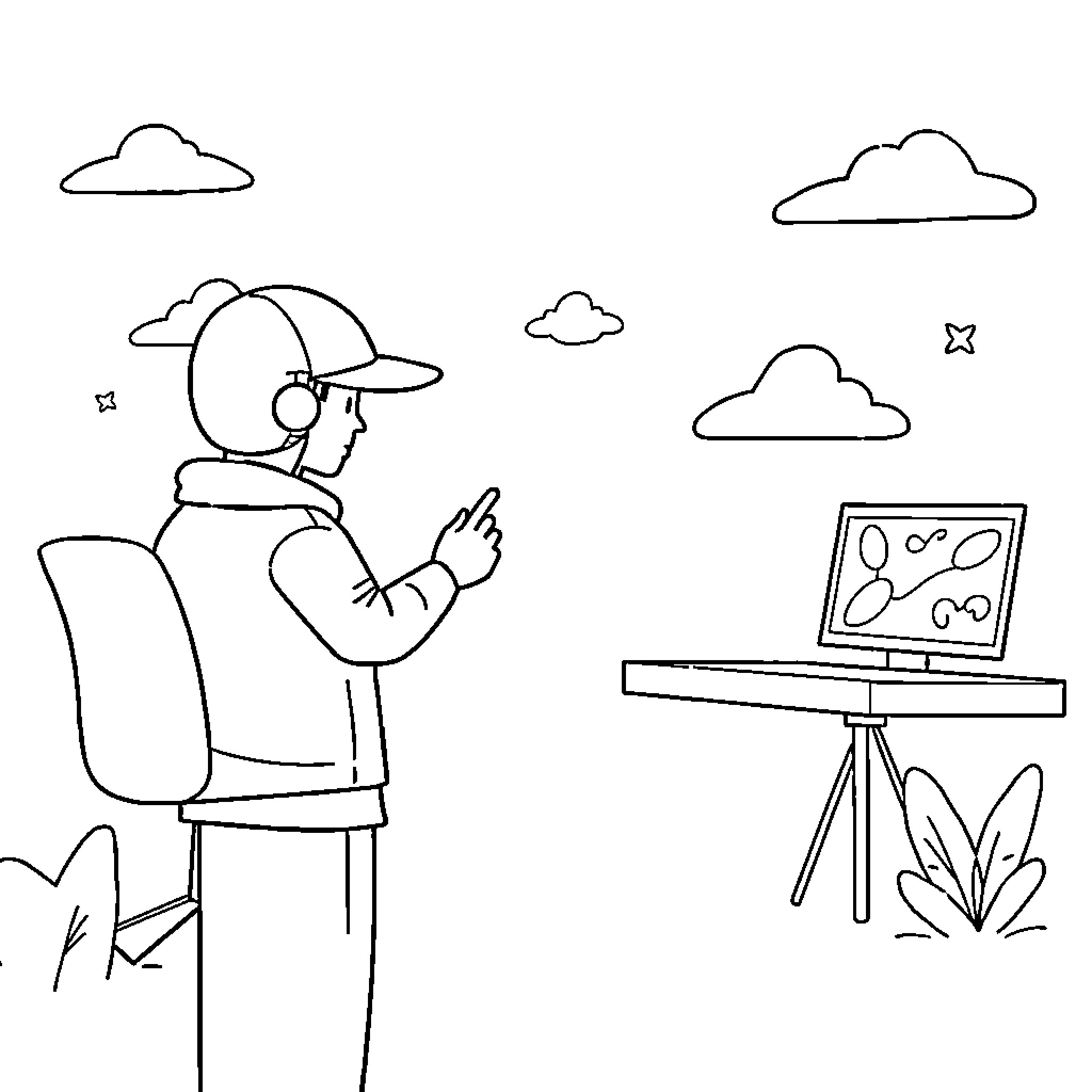 HUNTR/X Sketching in Nature with Laptop Coloring Page (free black-and-white line drawing printable PDF for all, from beginners to advanced learners, including children, teens, adults, and seniors)