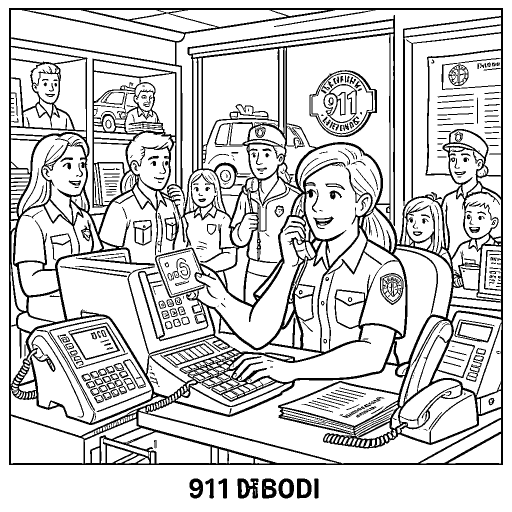 Dispatcher coordinating emergency response at 911 center Coloring Page (free black-and-white line drawing printable PDF for all, from beginners to advanced learners, including children, teens, adults, and seniors)