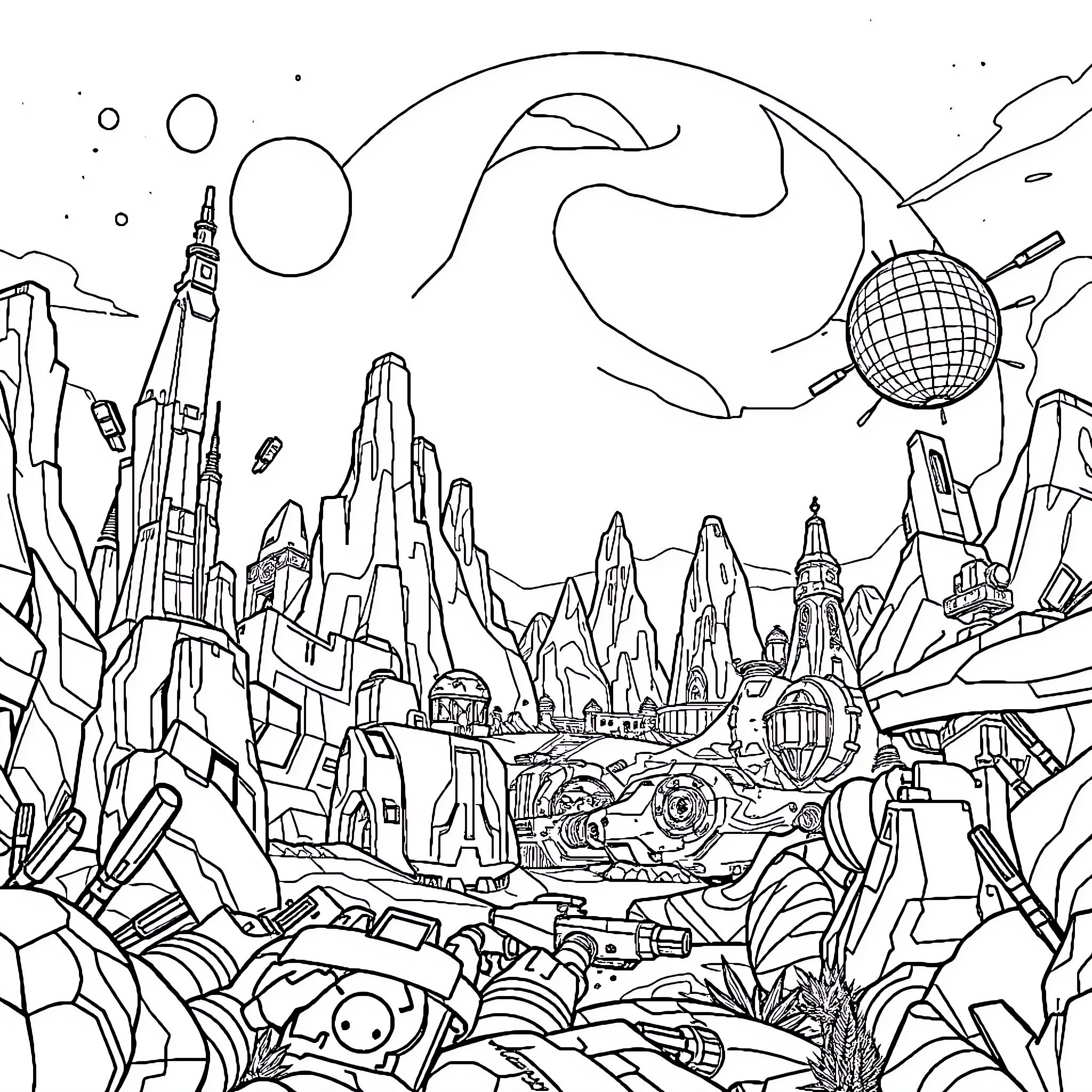 Halo of futuristic structures and space elements Coloring Page (free black-and-white line drawing printable PDF for all, from beginners to advanced learners, including children, teens, adults, and seniors)