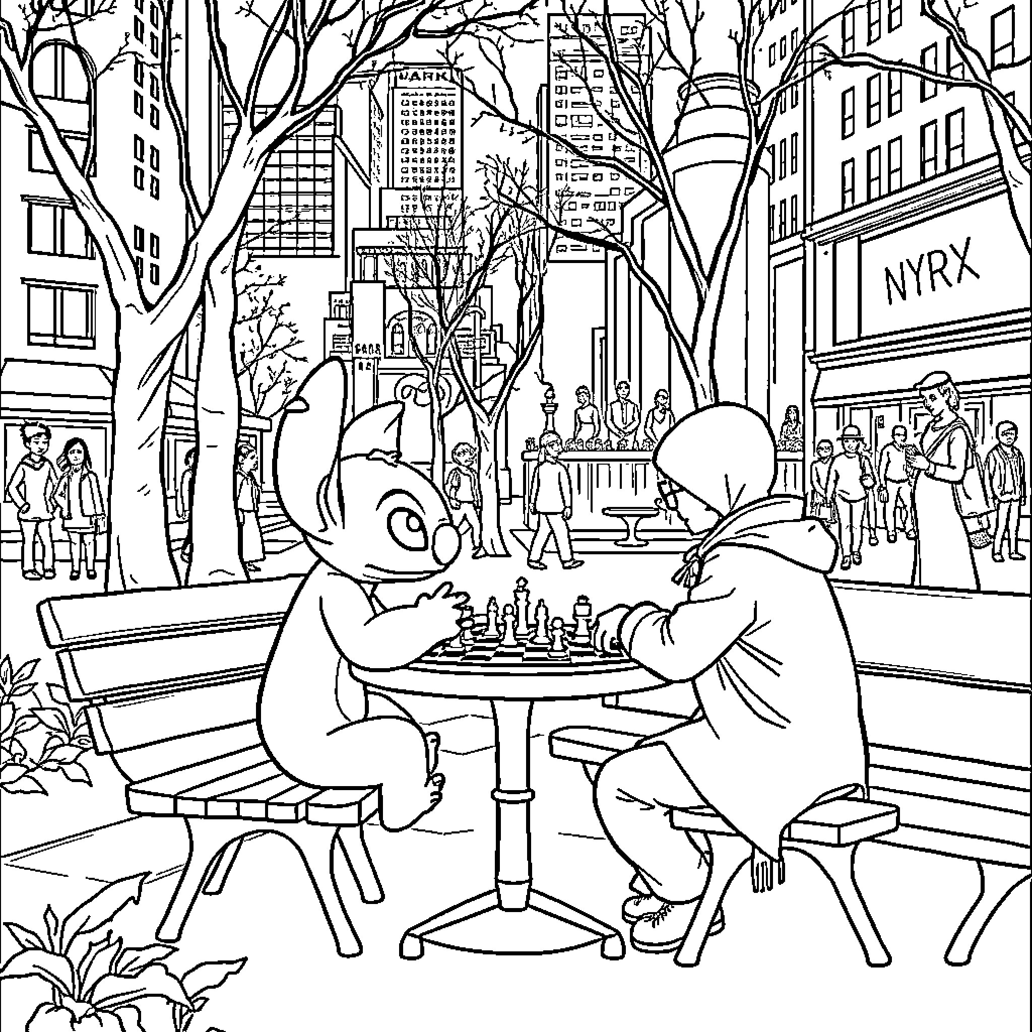 Stitch playing chess with another character in the city Coloring Page (free black-and-white line drawing printable PDF for all, from beginners to advanced learners, including children, teens, adults, and seniors)