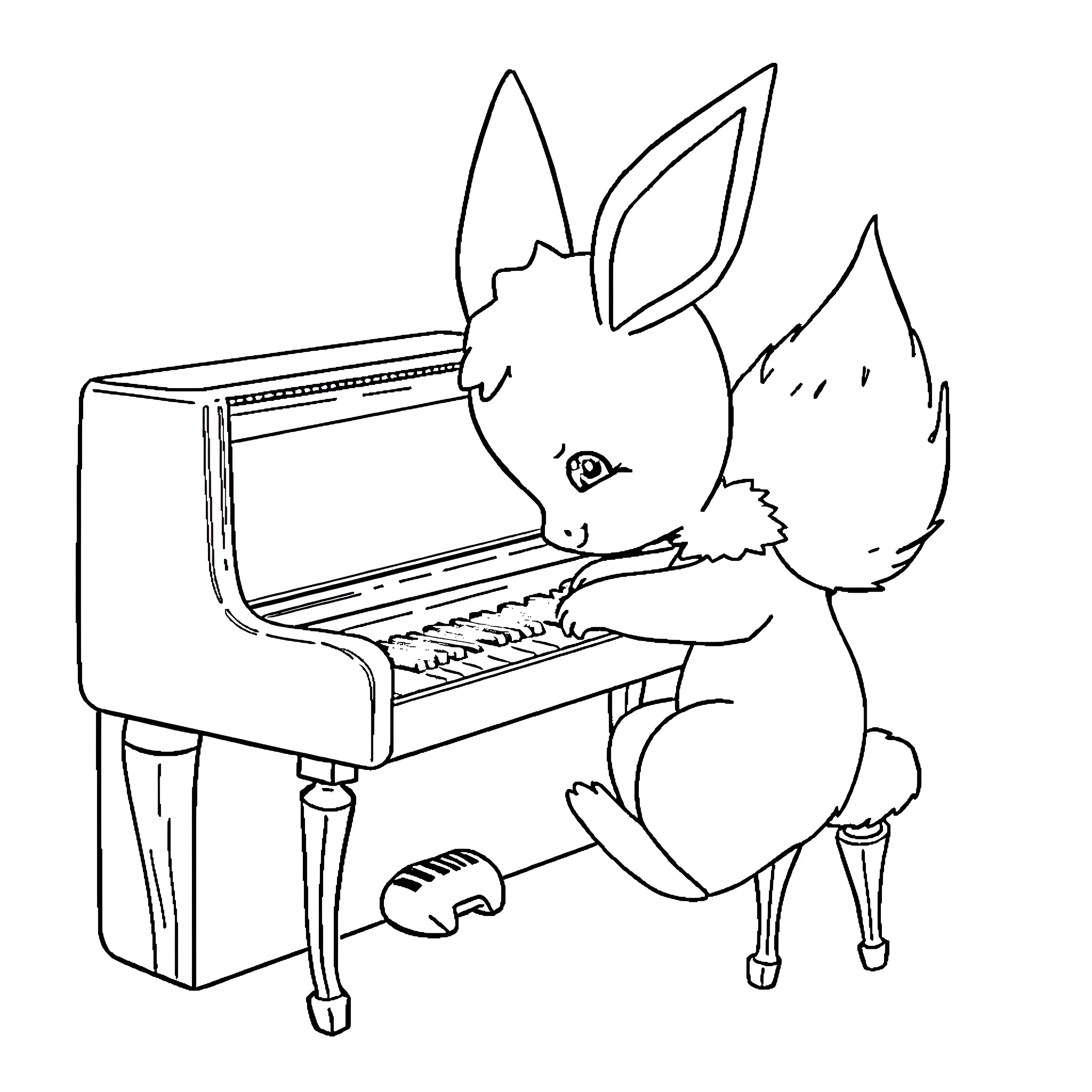 Eevee playing the piano happily Coloring Page (free black-and-white line drawing printable PDF for all, from beginners to advanced learners, including children, teens, adults, and seniors)