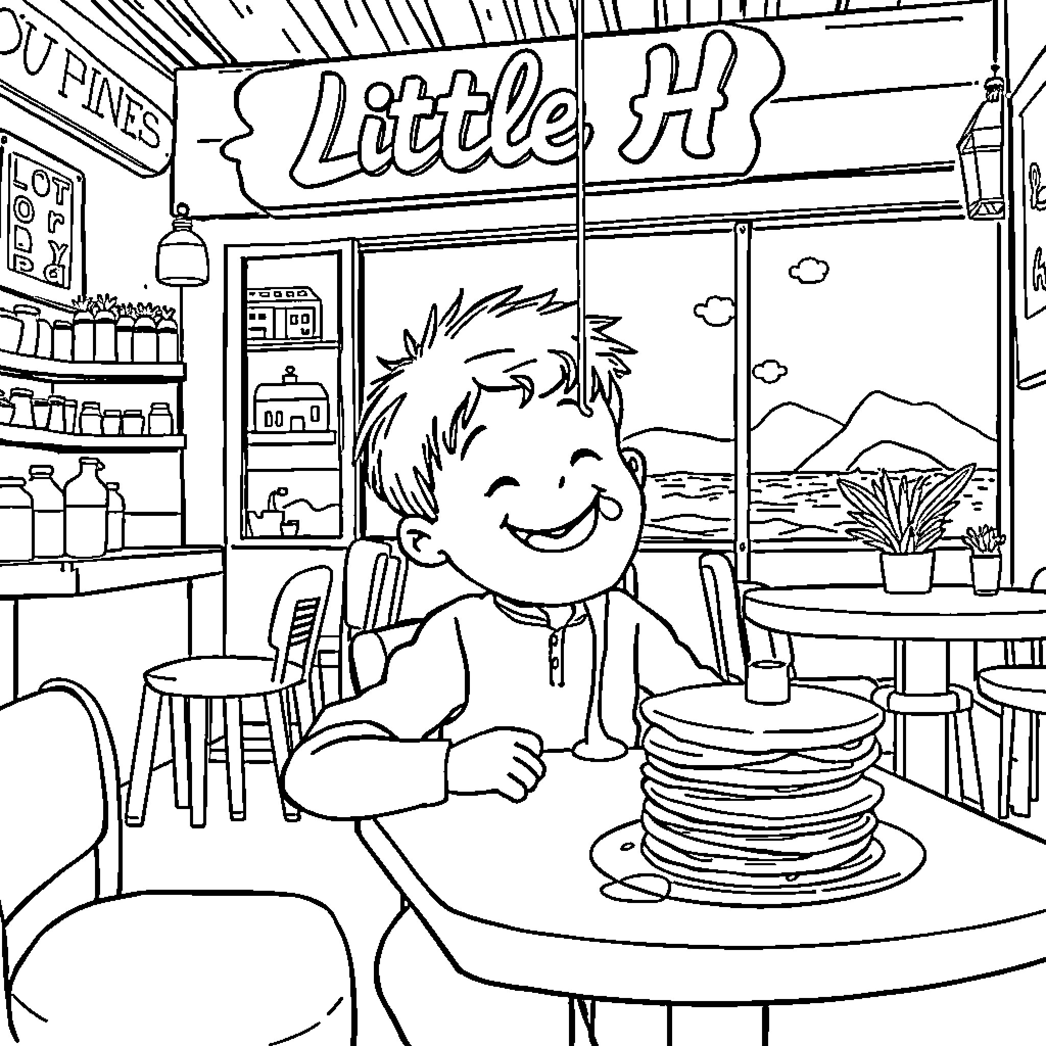 Kid enjoying a stack of pancakes in a quaint diner Coloring Page (free black-and-white line drawing printable PDF for all, from beginners to advanced learners, including children, teens, adults, and seniors)