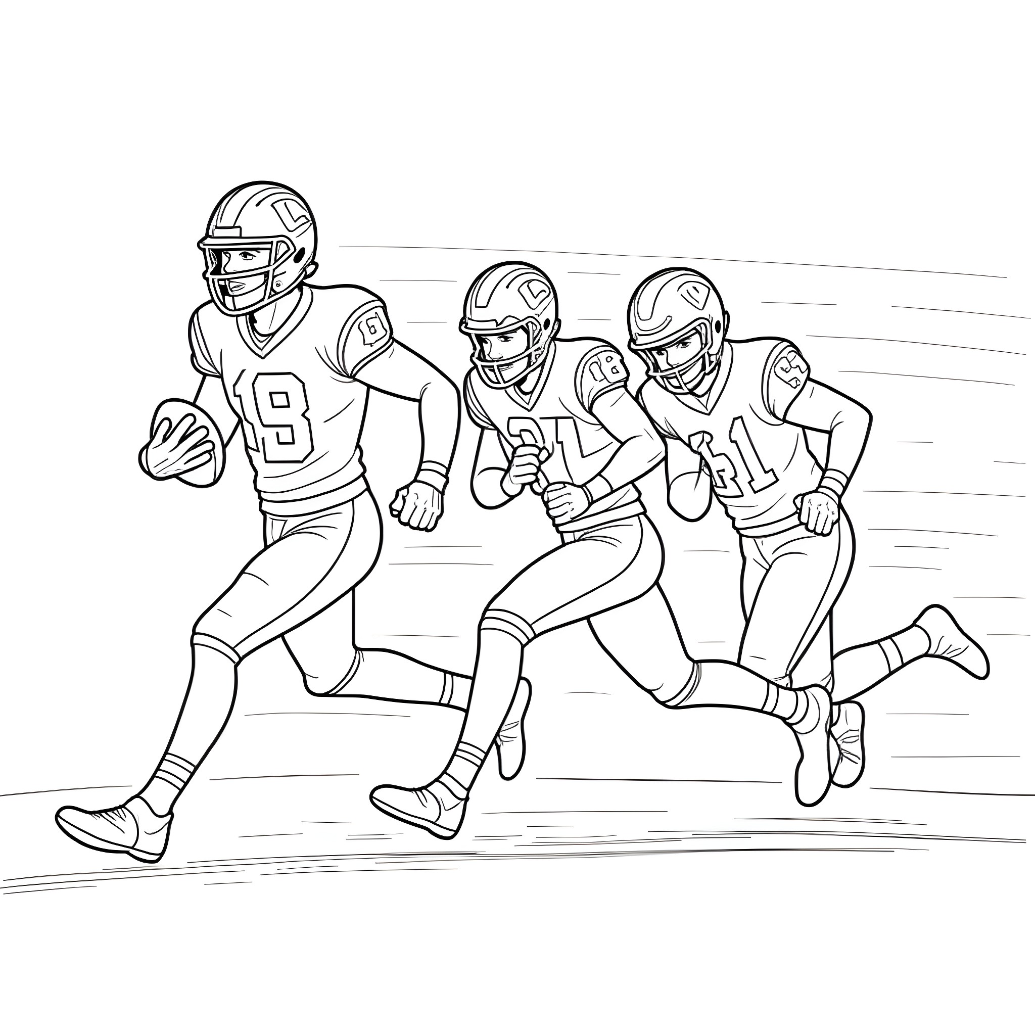 Wolverine football players in action Coloring Page (free black-and-white line drawing printable PDF for all, from beginners to advanced learners, including children, teens, adults, and seniors)