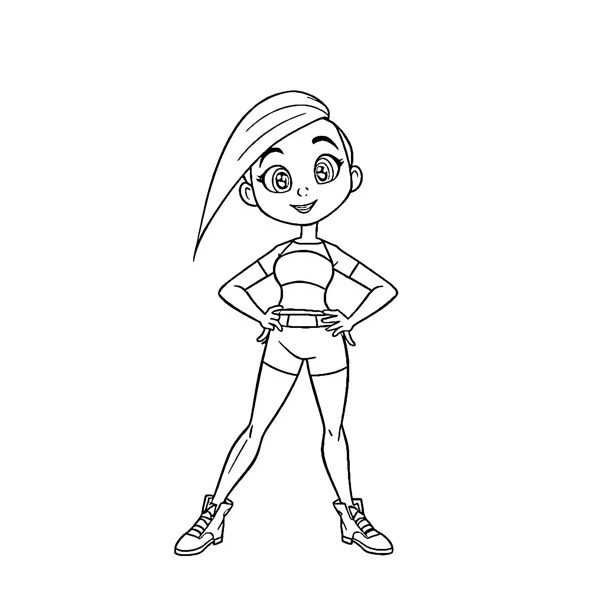 Kim Possible in action hero pose Coloring Page (free black-and-white line drawing printable PDF for all, from beginners to advanced learners, including children, teens, adults, and seniors)