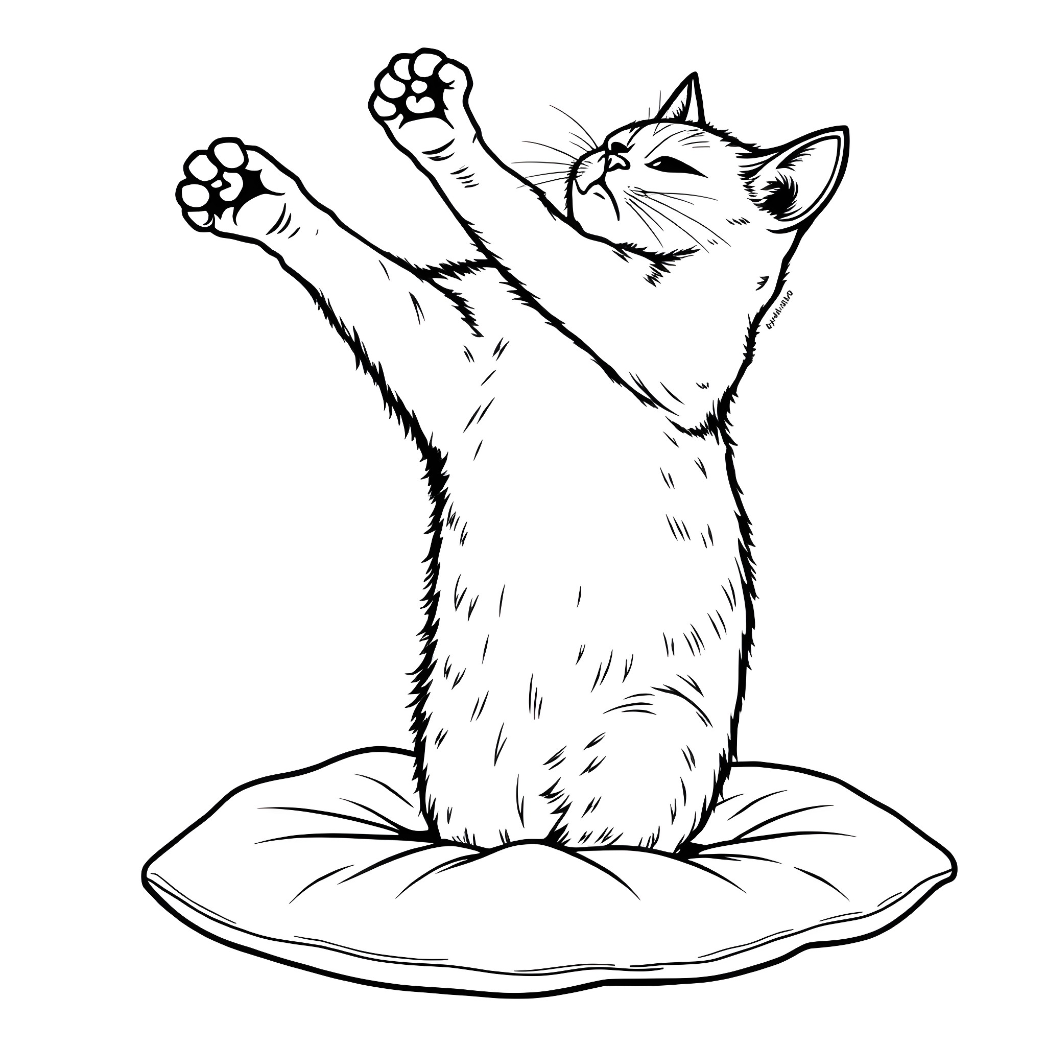 Cat stretching and relaxing on cushion Coloring Page (free black-and-white line drawing printable PDF for all, from beginners to advanced learners, including children, teens, adults, and seniors)