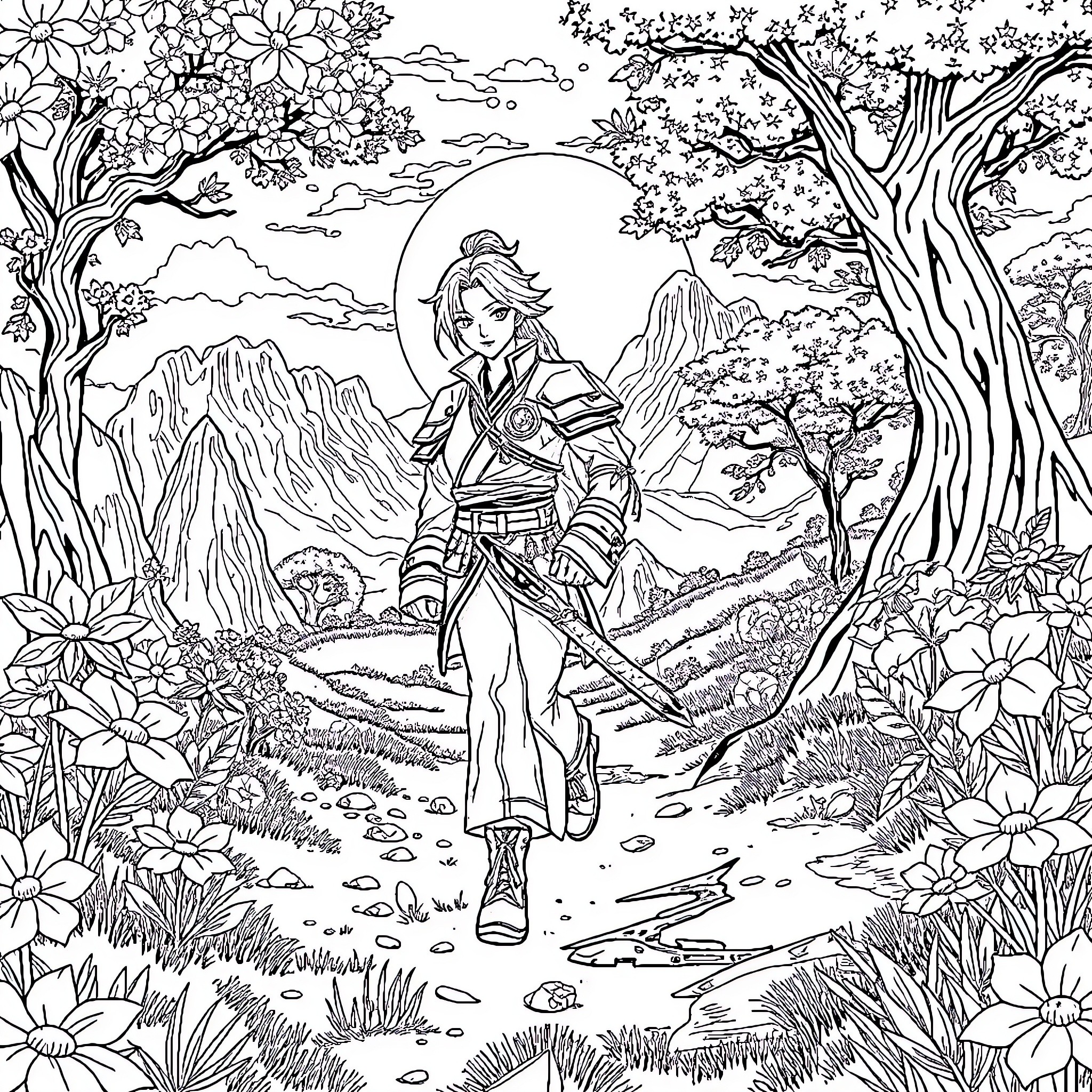 Genshin Impact Character Exploring Scenic Wilderness Coloring Page (free black-and-white line drawing printable PDF for all, from beginners to advanced learners, including children, teens, adults, and seniors)